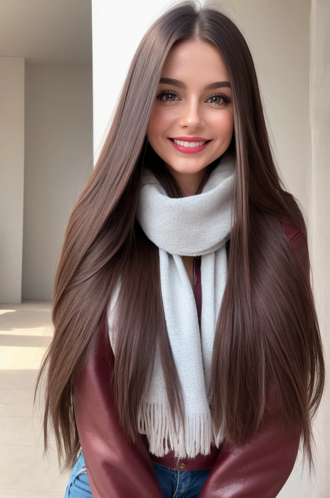 Casual photograph, best quality, 8K, hyper detailed, full body, A close up portrait of a Gorgeous, charming, alluring, graceful, majestic, classy, stylish, flowing super long brown haired argentinian woman. Flowing hair, silky hair, glowing hair, ethereal argentinian beauty, exotic argentinian beauty, timeless argentinian beauty, dream argentinian beauty. She has the cutest face, beaming countenance, fair porcelain skin, soft make-up, red lipstick, she is wearing a burgundy leather jacket, sweater, scarf, skinny trousers, and boots. She's glad, happy, cheerful, joyful, angelical face, angelical beauty. Affectionate woman, tenderness and delicacy in person. She's at park, sharing a day with a little cute girl, a toddler who is her niece, they're joyfully possing for camera togheter.