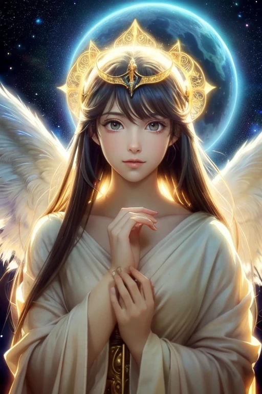 Anime Style, (Surrealist:1.2), beautiful, Master Parts, highest quality, Highly detailed face, Perfect lighting, Nice hands, Perfect Arms, An angel shining with a sacred and heavenly splendor, (Heavenly Being:1.2), (Calm expression), (Majestic Wings), (Mysterious glow:1.1), (Peaceful and comfortable), (Superb beauty), (God's Grace), (A symbol of purity), (Golden Halo), (An uplifting atmosphere), (Kingdom of Heaven), (Spiritual Lighting), (Soft and protective), (Illumination light:1.2), (Angelic figures), (Harmony and tranquility), (Angel Robe), (Timeless and heavenly), (Captivating aura), (Healing and guidance)