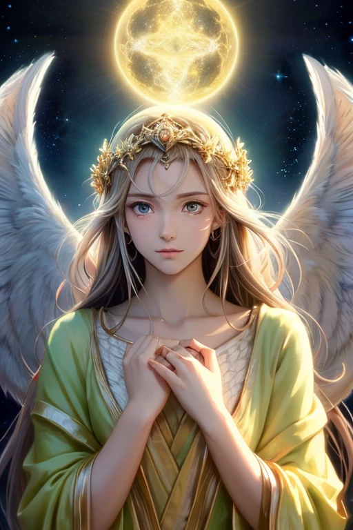 Anime Style, (Surrealist:1.2), beautiful, Master Parts, highest quality, Highly detailed face, Perfect lighting, Nice hands, Perfect Arms, An angel shining with a sacred and heavenly splendor, (Heavenly Being:1.2), (Calm expression), (Majestic Wings), (Mysterious glow:1.1), (Peaceful and comfortable), (Superb beauty), (God's Grace), (A symbol of purity), (Golden Halo), (An uplifting atmosphere), (Kingdom of Heaven), (Spiritual Lighting), (Soft and protective), (Illumination light:1.2), (Angelic figures), (Harmony and tranquility), (Angel Robe), (Timeless and heavenly), (Captivating aura), (Healing and guidance)