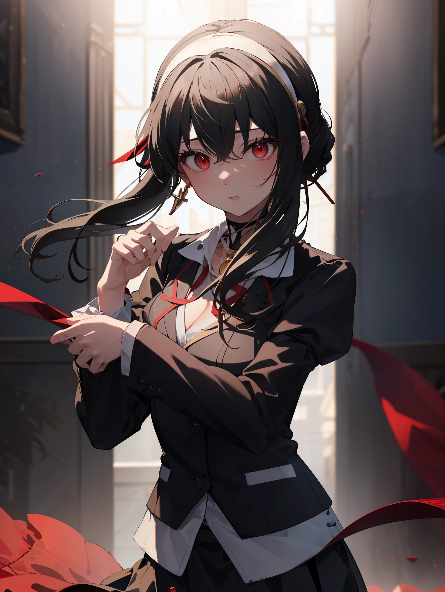 Ajof, side locks, golden hairband, hair adornments, ((Red eyes:1.5)), gold earring, Large breasts,((black hair:1.5)),
BREAK ((skirt, long sleeves, , juliet sleeves, blazer, black blazer, ribbon, red ribbon, choker, white sleeves, sleeveless blazer, (puffy sleeves:1.2):1.5)),
BREAK looking at viewer, (cowboy shot:1.5), expression is solemn,cute expressive face,
BREAK (masterpiece:1.2), best quality, high resolution, unity 8k wallpaper, (illustration:0.8), (beautiful detailed eyes:1.6), extremely detailed face, perfect lighting, extremely detailed CG, (perfect hands, perfect anatomy),