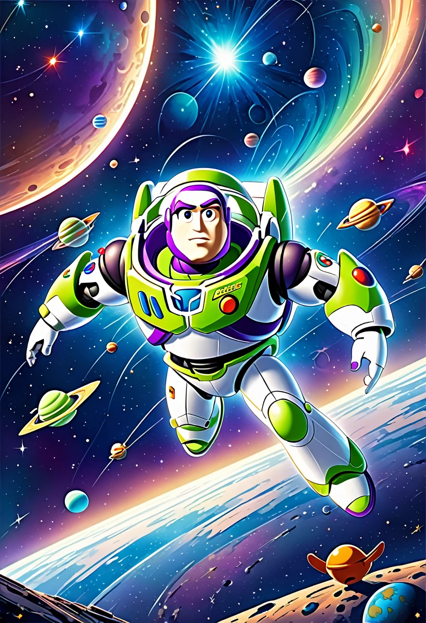 Cute Buzz Lightyear dynamic flight background universe space cartoon style poster artwork stunning artwork detailed high quality