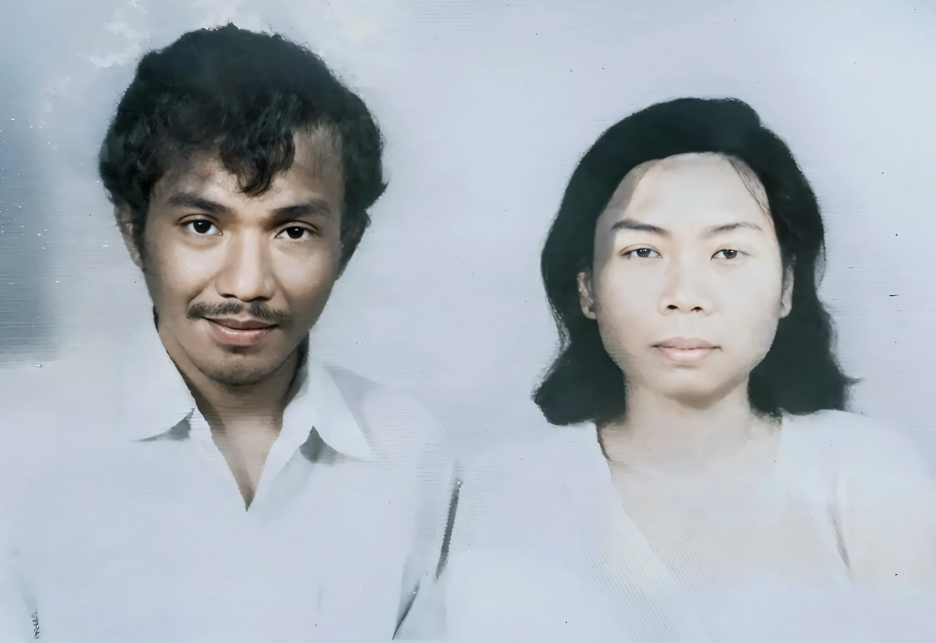 An Indonesian husband and wife, the husband curly hair wearing a white shirt, and the wife wearing a white dress, realistic, 8k,hard detail, very detail
