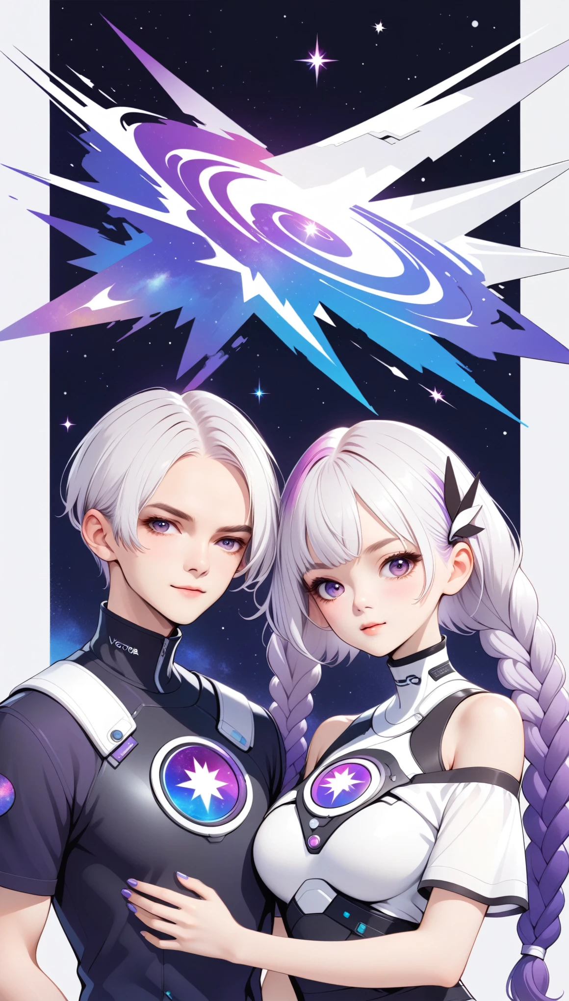 Graphic design，vector art，Smooth lines，Simple style，Funny couple poster design：bust，Short white hair for boy，Girl white hair purple hair ornament long braids，hair ornament，High collar off-shoulder short sleeves，Galaxy theme，(fashion design),(Vibrant colors)(Bright colors)