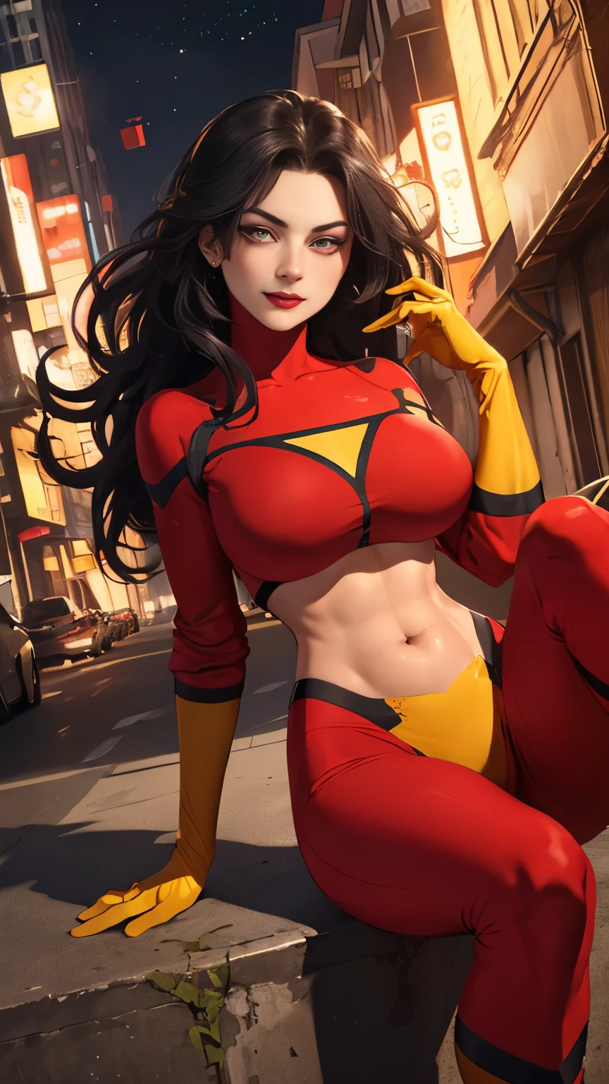 (Highly quality, masterpiece, detailed), Night city detailed scenario, Night city detailed background, 20 years old girl, smirk, Jessica_Drew_aiwaifu, long hair, black hair, large breasts, lips, lipstick, gloves, red shirt, red pants, yellow gloves, Leather clothes, yellow shirt, yellow pants, thighs, crop top, glaring at the viewer, sitting 
no top of a building, Abdomen, Navel, beautiful eyes, perfect eyes, looking at the viewer, Sexy pose