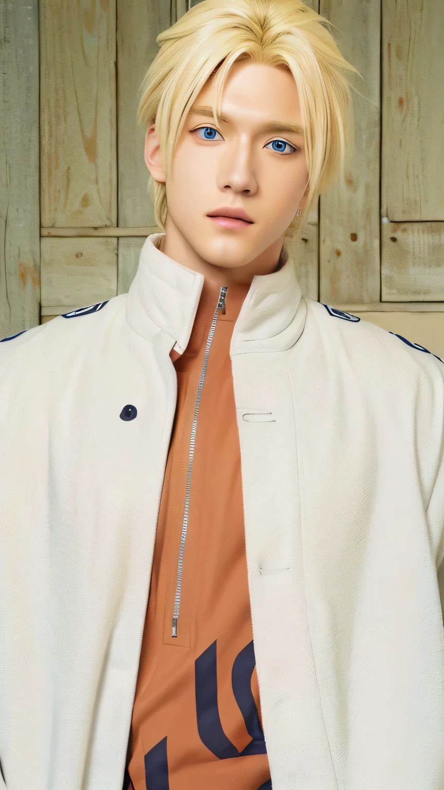 Handsome guy with blonde hair and blue eyes wearing a white jacket, from naruto.