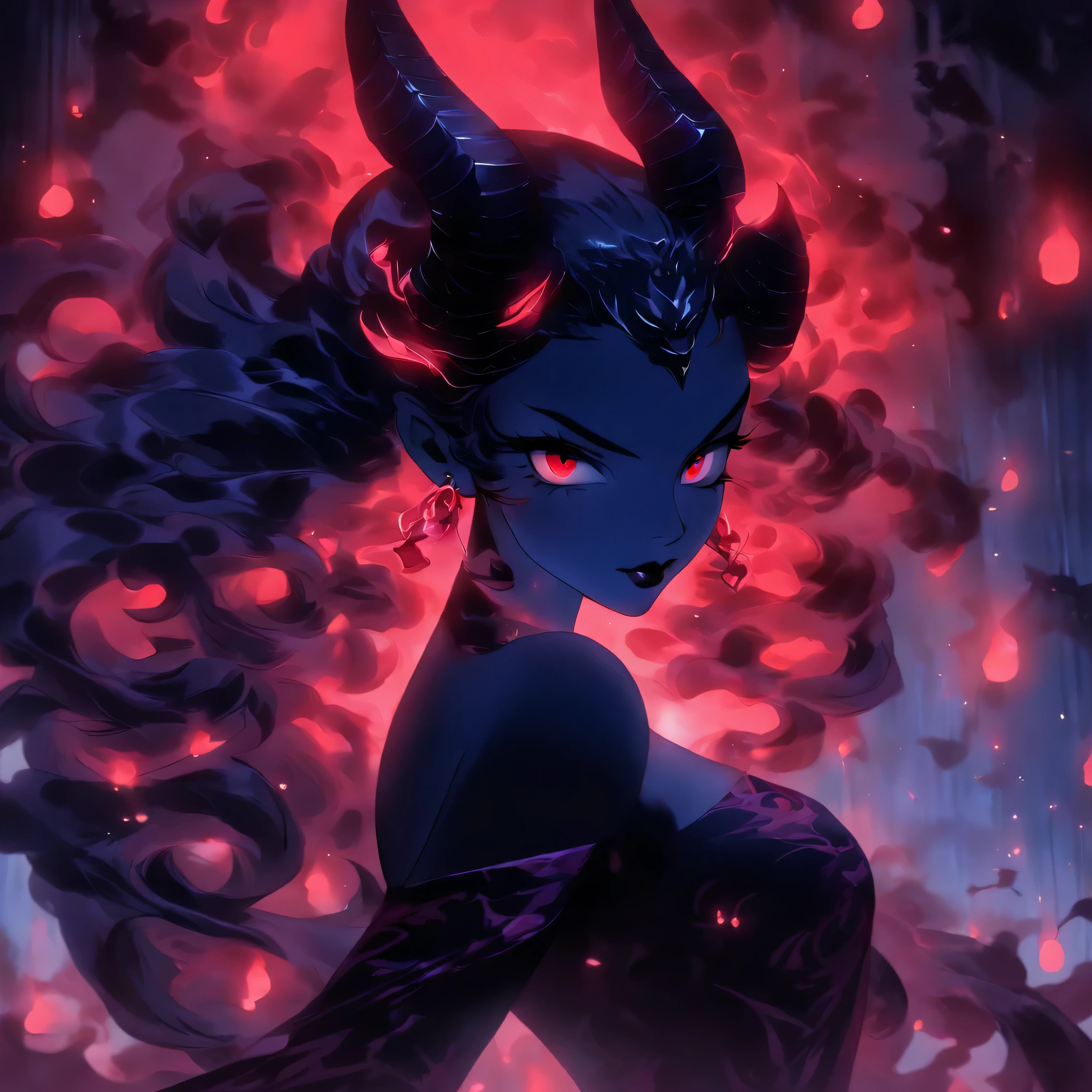 (best quality,highres,ultra-detailed),elegant regal succubus,black lipstick, long black hair, red eyes, seductive expression, evil demeanor, sultry gaze, luxurious black gown, elaborate headpiece, dark and mysterious background, atmospheric lighting, ethereal aura, intricate lace details, alluring charm, dark seduction, captivating beauty, hypnotic presence, divine sensuality, enchanting temptress, seductive power, mesmerizing allure, forbidden desires, bewitching enchantment, seductive aura, tempting spell, mythical creature, otherworldly beauty, seductive darkness, mesmerizing gaze, supernatural elegance, sensual mystique, intoxicating presence, irresistible grace, magnetic attraction.