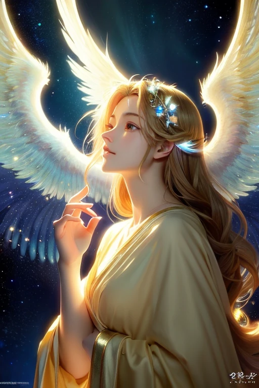 Anime Style, (Surrealist:1.2), beautiful, Master Parts, highest quality, Highly detailed face, Perfect lighting, Nice hands, Perfect Arms, An angel shining with a sacred and heavenly splendor, (Heavenly Being:1.2), (Calm expression), (Majestic Wings), (Mysterious glow:1.1), (Peaceful and comfortable), (Superb beauty), (God's Grace), (A symbol of purity), (Golden Halo), (An uplifting atmosphere), (Kingdom of Heaven), (Spiritual Lighting), (Soft and protective), (Illumination light:1.2), (Angelic figures), (Harmony and tranquility), (Angel Robe), (Timeless and heavenly), (Captivating aura), (Healing and guidance)