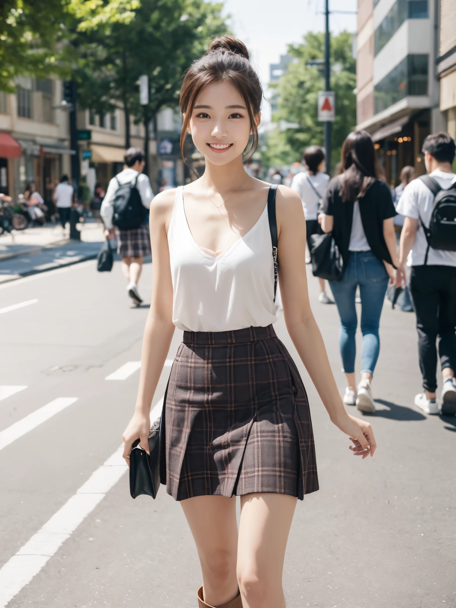Female college student、camisole、Checked Skirt、Black boots、Ponytail、Brown moderate hair、clear、thin、slim、Long legs、thinウエスト、Beauty、looking at the camera、Walking around the city、Open chest、ccup、すらっと伸びたthin脚、Cute Smile、Summer sunshine、Emphasize the chest