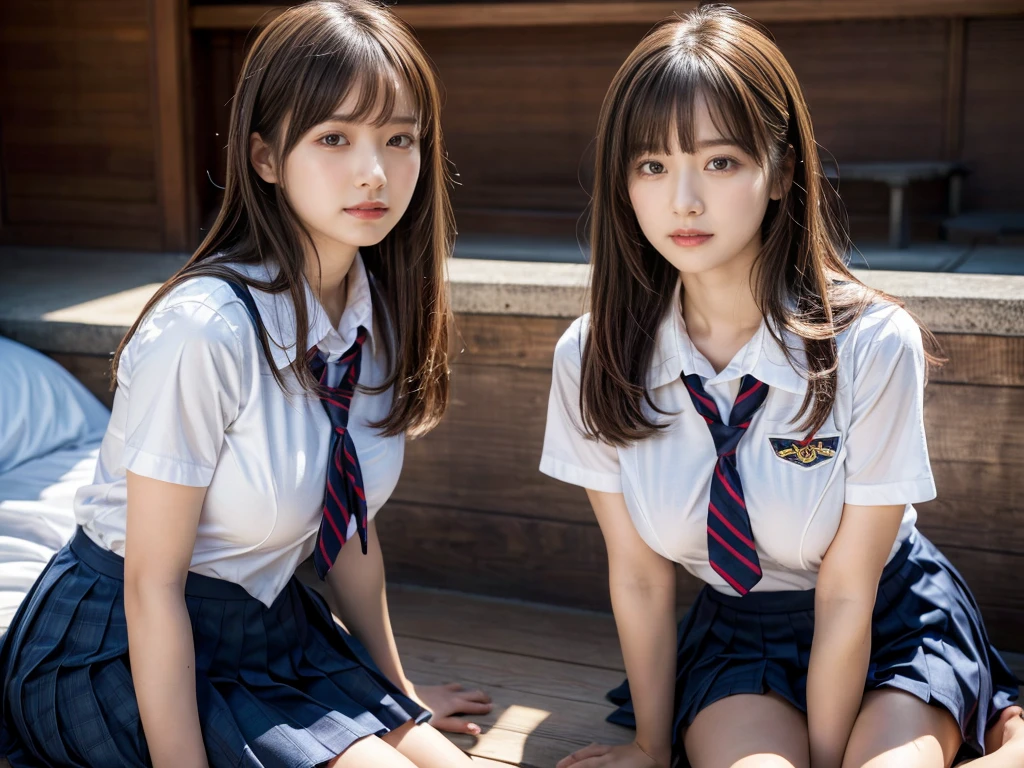 (RAW photo, 4k, masterpiece, high resolution, extremely complex) (realistic: 1.4), cinematic lighting
 ((2 girls, 2 schoolgirls)),Slam Dunk's,blushing,((innocent)),bright eyes,round eyes,blunt bangs,(straight hair:1.3),black hair,large breasts,wide hips,Summer Noon, ,Hot, (Best Quality), (Highres), (an Extremely Delicate and Beautiful),(Beautiful 8k face),(Brown eyes),short bob hair,( spectators),(gigantic breasts),(Play with each other,Touching each other's bodies,Touching the body),(Japanese high school uniform:1.3),blue skirt,(reality),bright lighting,(The background is a luxury hotel room)