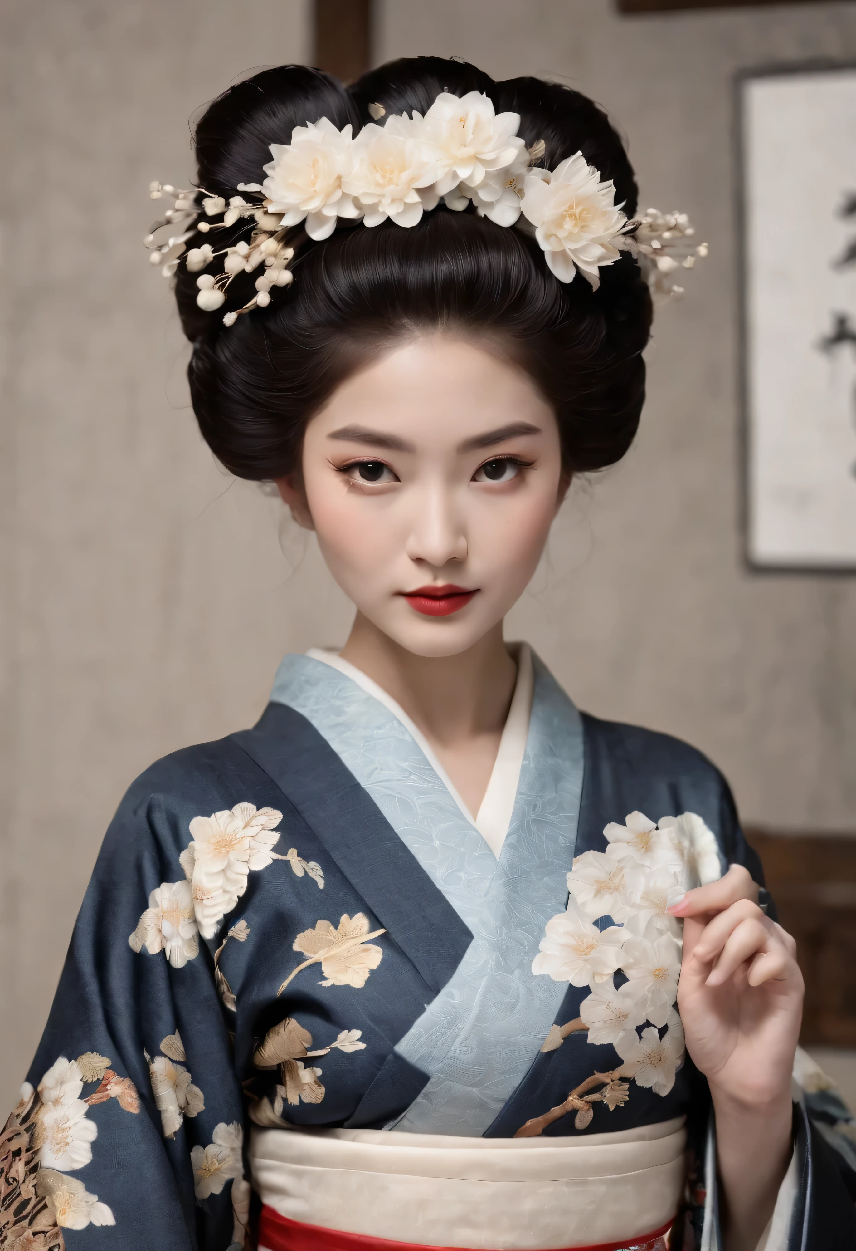 Repeat, Hokusai style, Hokusai's Style, Ukiyo-e, Mosaic is strong, Pixel art, Artistically, god river big wave,god々々Ornately decorated oiran,She is a very elegant and beautiful 18-year-old girl. Her face is richly decorated.Black and white kimono