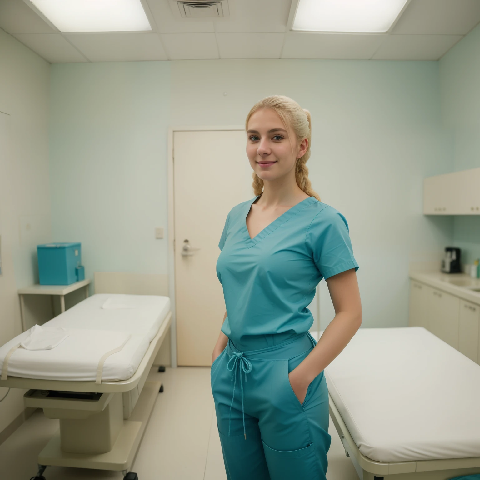 A Realistic Portrait, of a tenager girl, 15 years old (lady oscar), as surgical nurse, blonde hair, french tails, Beautiful, detailed face, detailed eyes, (realistic skin:1.3), (pale skin:1.1), (textured skin:1.3), (()), big smile, (iphone photograph), (perfect small breasts:1.1), wearing ultra-slim teal surgical scrubs), (artificial lighting:1.3), looking at the camera, perfect slim body, amateur Photography, Photorealistic, Detailed, analog, poor quality, grainy,, wide angle, showing full body, standing in operation room, wearing long surgical scrubs, non-nude, all body parts covered by teal scrub uniform, long scrub top over scrub trousers
