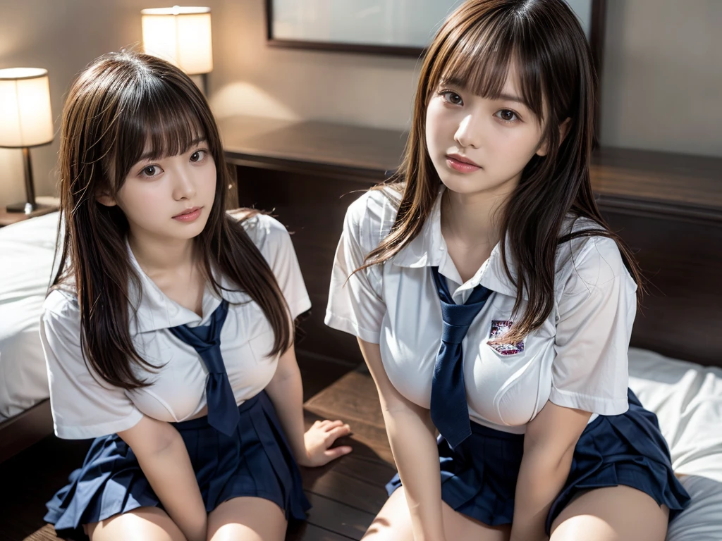 (RAW photo, 4k, masterpiece, high resolution, extremely complex) (realistic: 1.4), cinematic lighting
((2 girls, 2 schoolgirls)),Slam Dunk's,blushing,((innocent)),bright eyes,round eyes,blunt bangs,(straight hair:1.3),black hair,large breasts,wide hips,Summer Noon, ,Hot, (Best Quality), (Highres), (an Extremely Delicate and Beautiful),(Beautiful 8k face),(Brown eyes),short bob hair,( spectators),(gigantic breasts),(Play with each other,Touching each other's bodies,Touching the body),(Japanese high school uniform:1.3),blue skirt,(reality),bright lighting,(The background is a luxury hotel room)