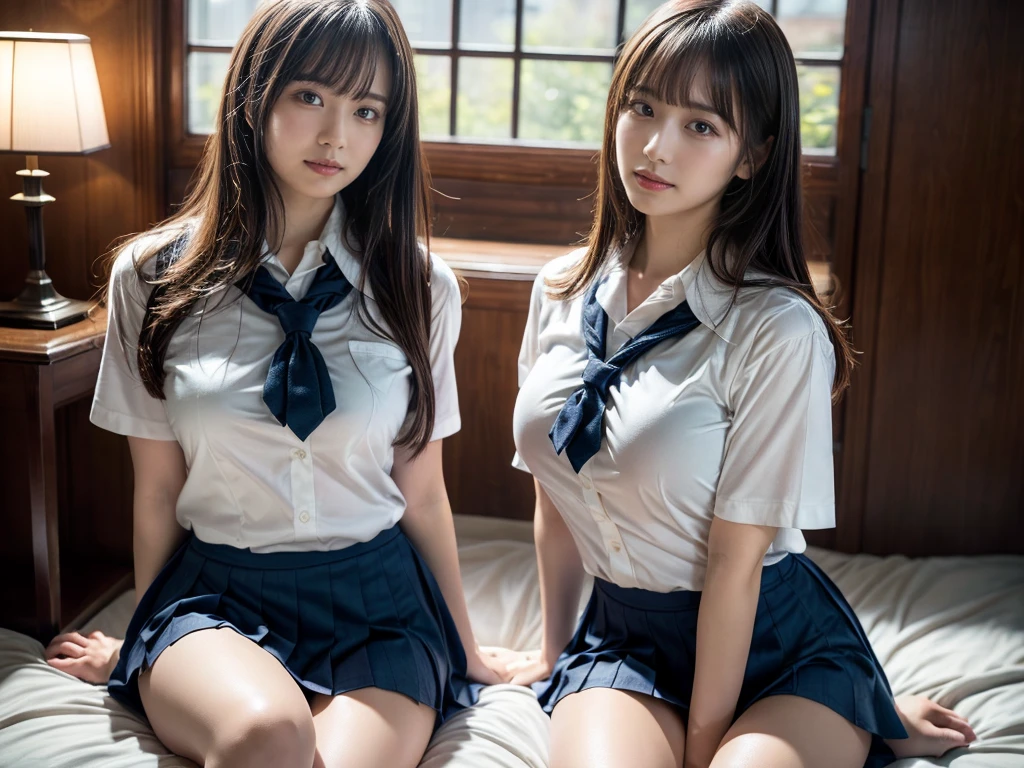 (RAW photo, 4k, masterpiece, high resolution, extremely complex) (realistic: 1.4), cinematic lighting
((2 girls, 2 schoolgirls)),Slam Dunk's,blushing,((innocent)),bright eyes,round eyes,blunt bangs,(straight hair:1.3),black hair,large breasts,wide hips,Summer Noon, ,Hot, (Best Quality), (Highres), (an Extremely Delicate and Beautiful),(Beautiful 8k face),(Brown eyes),short bob hair,( spectators),(gigantic breasts),(Play with each other,Touching each other's bodies,Touching the body),(Japanese high school uniform:1.3),blue skirt,(reality),bright lighting,(The background is a luxury hotel room)