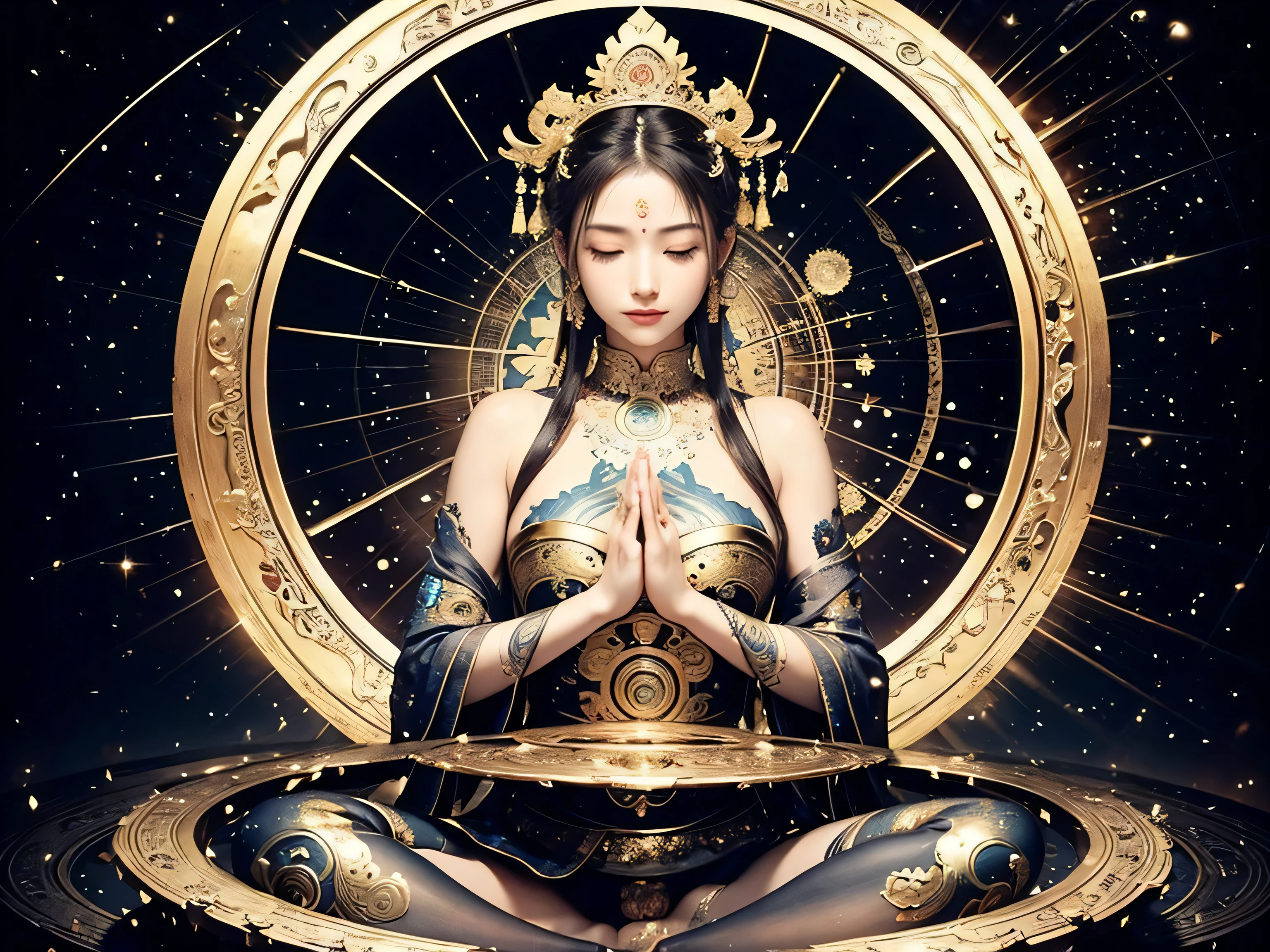 high resolution、Very detailed、In 8K、A beautiful woman with eight faces and six arms、The goddess、Zazen、Yoga poses、Buddha、meditation、Extremely fantastical、Spiritual World、yin and yang、Buddhism、Emperor、I Ching、Shukuyo Sutra、Mandala Background、The image on the other side is the background