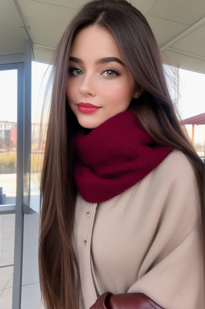 Photorealistic, Best quality, hyper detailed, selfie photo, upper body. fabulous, cute, cardiac, Доброcardiac, доброcardiac, deafening, cheerful, sweet, Polite, sensitive, Reasonable, brilliant, charming, tempting, Dreamy, Elegant, Stylish, Stylish, Flowing Russian woman with very long red hair and the cutest face, Fair porcelain skin, soft makeup, Red lipstick, She wears a leather jacket, tight pants, riding boots and pink scarf. She travels by train.
