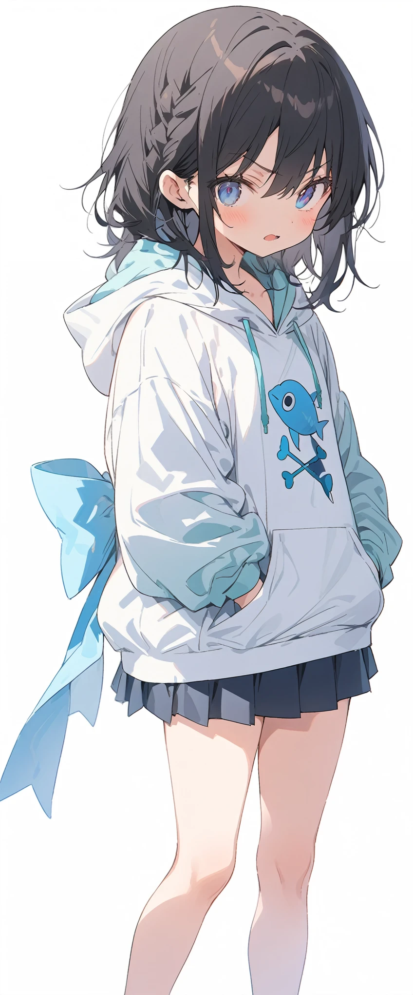 White background、Solid white background、Blank background、just standing girl, only one girl、Full body shot from the front,Ultra-high resolution, highest quality,fish-bone braid hair、Fishbone Hair、Flat Chest、beautiful detailed eyes、black hair、Black hair × Blue eyes、blue eyes、Glaring expression、 Open your mouth、 Plain white hoodie、Black pleated skirt、barefoot