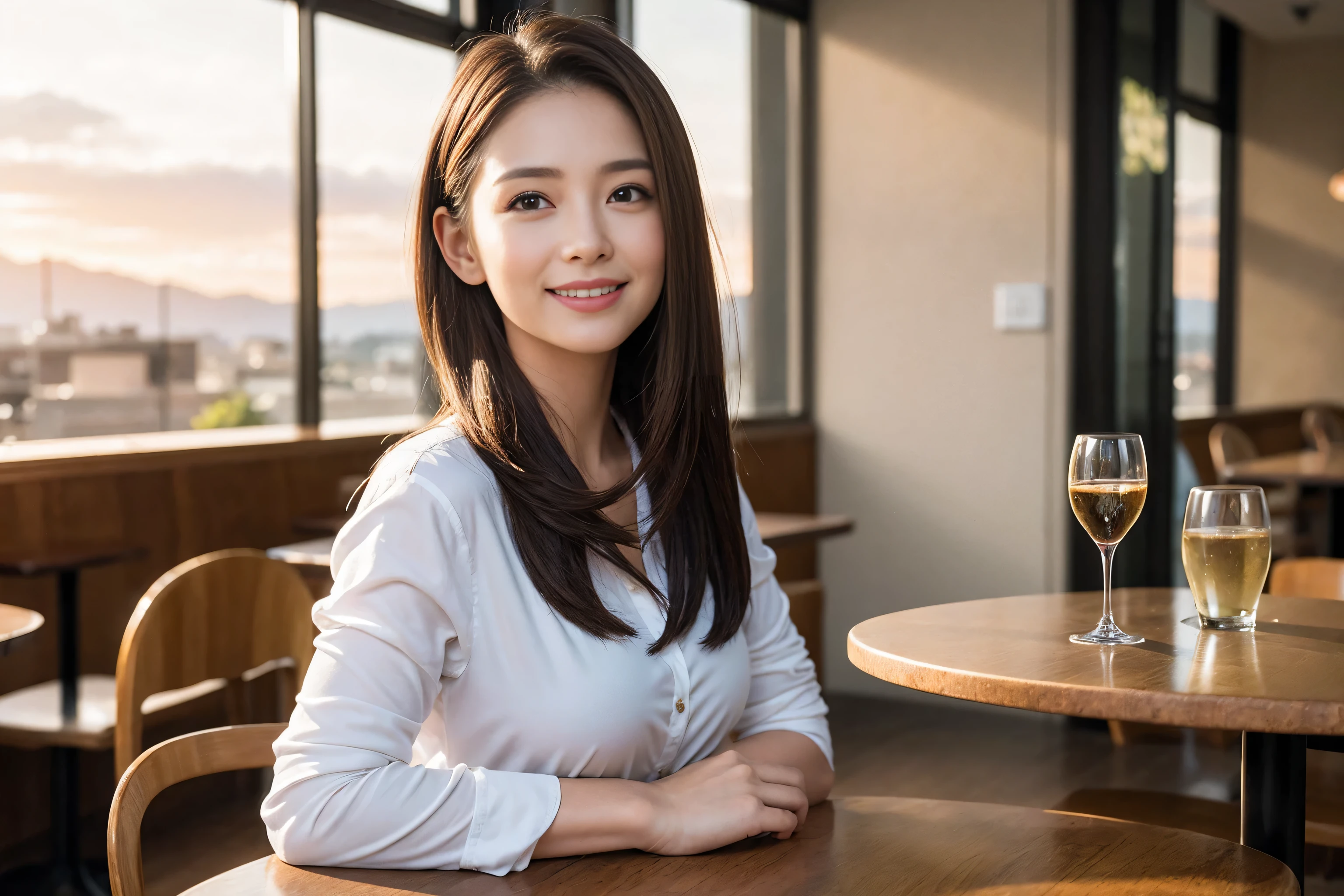 ((highest quality、8k、masterpiece:1.3))、wine 、1 male 1 female、couple、Lovers couple、Slim body、((Bob Hale、Straight hair:1.2)), (Realistic, Intricate details:1.2), テーブルにWine Glass、Shine light on your face、 Amazing view of the sunset sky and clouds、Amazing mountain views、A bright smile、The wonderfulness of smile、Bright image、The beauty of wine, Beautiful Face, blue eyes, The light shines on your face, Blushing, short hair,Bright Face、 (Age 37), 39 years old, Red wine 、Appetizers、Italian food、wine bottle、Champagne、Sparkling wine、Two beauties、Brown Hair、Shortcuts、Long sleeve shirt、dress、Pretty Woman 1, (Slim face), (The body is slim), (Brown Hair), (Shortcuts), cheeks turn a little red,Attractive beauty、restaurant, In a prominent place (From the waist up) Nova Frog Style, actress, model, Upper Body, White wine, slim, Wine Glass, 真ん中に置かれたWine Glass, smile, (smile: 1.15), Beautiful fine grain, Depth f/2,saturation, High Contrast, Strong light and shadow,Moist Body:1.5、3D texture、Delicate eyes、Brown Hair、The hair is very shiny、