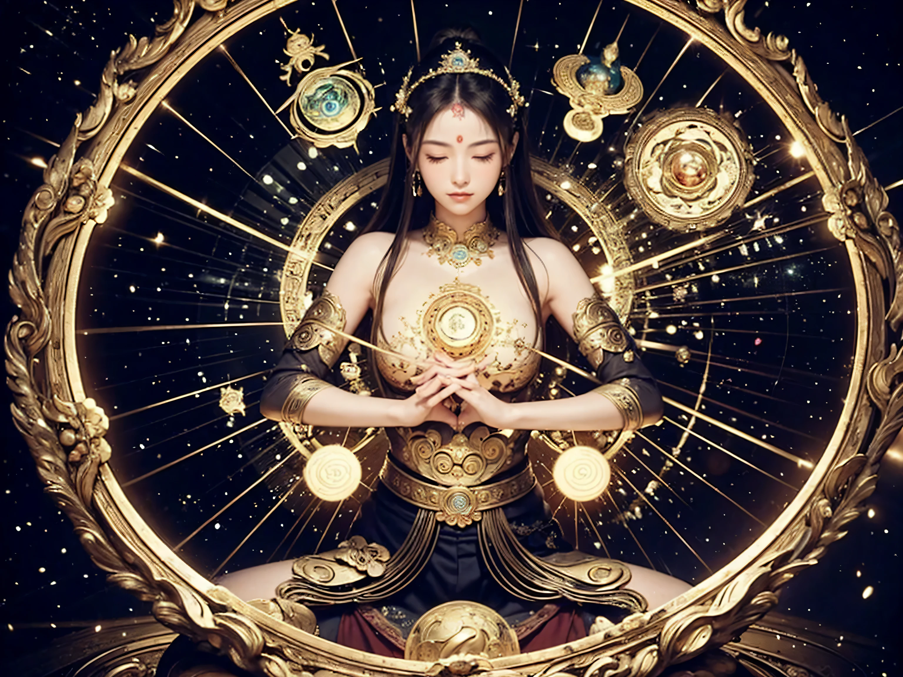 high resolution、Very detailed、In 8K、A beautiful woman with eight faces and six arms、The goddess、Zazen、Yoga poses、Buddha、meditation、Extremely fantastical、Spiritual World、yin and yang、Buddhism、Emperor、I Ching、Shukuyo Sutra、Mandala Background、The image on the other side is the background