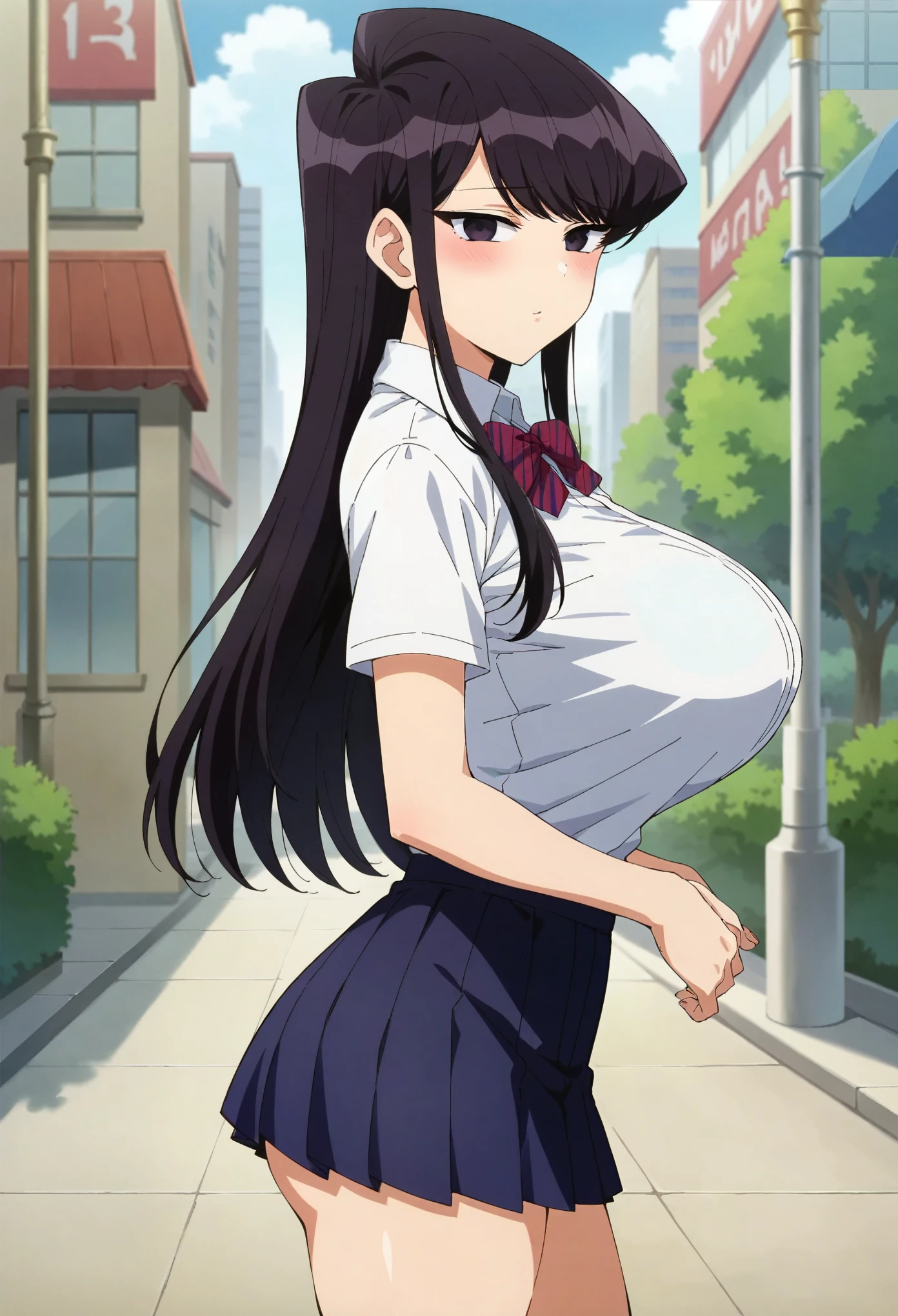 score_9, score_8_up, score_7_up, BREAK, source_anime, official art, masterpiece, best quality, anime screencap, megami magazine, BREAK, Komi Shouko, shirt tucked in, tented shirt, white shirt, 1girl, long hair, black hair, black eyes, pleated mini skirt, huge breasts,blush, city, cowboy shot, from side, looking at viewer