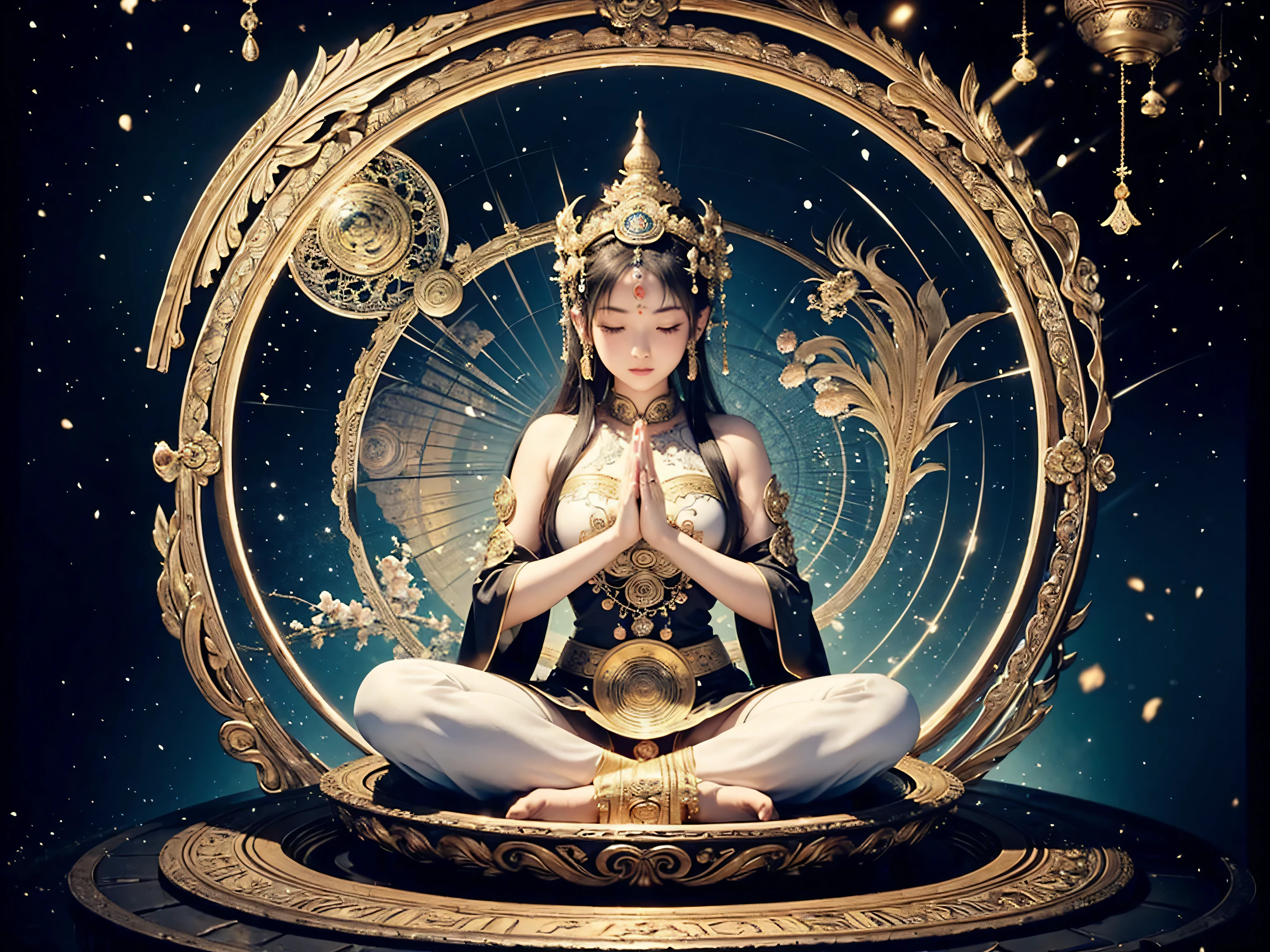 high resolution、Very detailed、8K、All hands、Beauty、The goddess、Gorgeous costumes、Luxurious ornaments、(Zazen)、(zazen)、(zen)、Buddhist statue、Yoga poses、Buddha、meditation、Extremely fantastical、Spiritual World、Buddhism、Esoteric Buddhism、Mandala Background