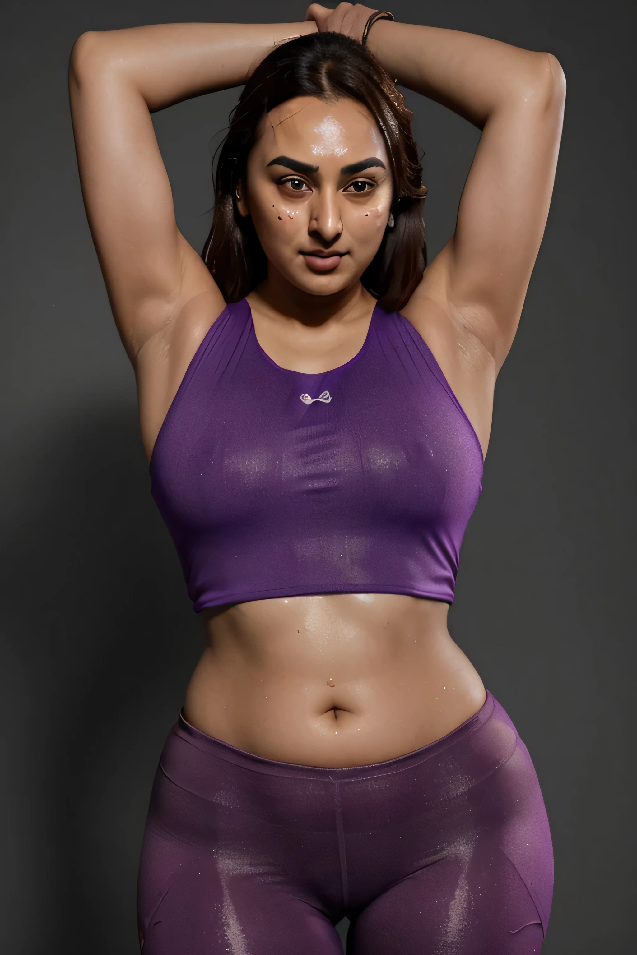 Looks like Sonakshi Sinha,wearing a sleeveless top
,31 year old woman,slightly chubby ,studio quality ,arms up,armpits, armpits,sweat,sweaty,sweaty armpits,awesome armpits,sweating ,sleeveless,exhausted,tired, purple blouse, purple outfit,wearing arm bands,arms raised,very tired,sweating,arms raised,both arms raised,sweaty,red arm warmers,red arm bands