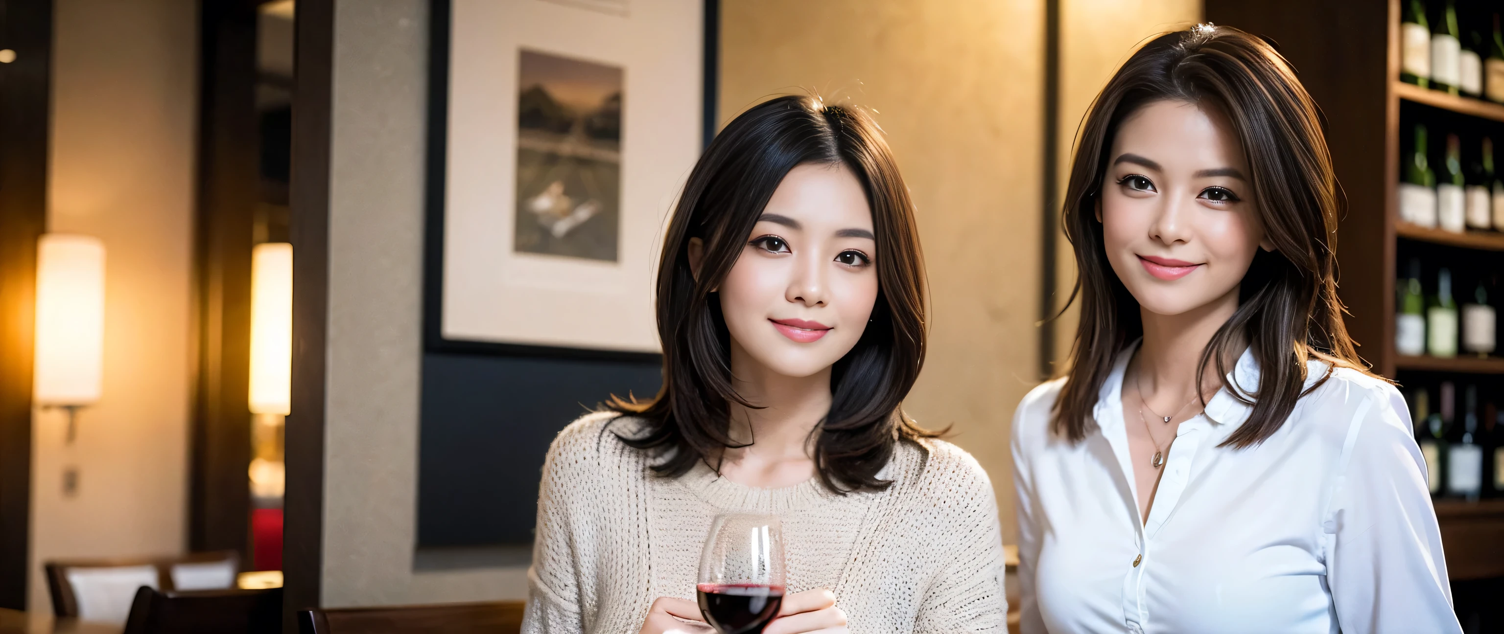 ((highest quality、8k、masterpiece:1.3))、wine 、1 male 1 female、couple、Lovers couple、Slim body、((Bob Hale、Straight hair:1.2)), (Realistic, Intricate details:1.2), テーブルにWine Glass、Shine light on your face、 Amazing view of the sunset sky and clouds、Amazing mountain views、A bright smile、The wonderfulness of smile、Bright image、The beauty of wine, Beautiful Face, blue eyes, The light shines on your face, Blushing, short hair,Bright Face、 (Age 37), 39 years old, Red wine 、Appetizers、Italian food、wine bottle、Champagne、Sparkling wine、Two beauties、Brown Hair、Shortcuts、Long sleeve shirt、dress、Pretty Woman 1, (Slim face), (The body is slim), (Brown Hair), (Shortcuts), cheeks turn a little red,Attractive beauty、restaurant, In a prominent place (From the waist up) Nova Frog Style, actress, model, Upper Body, White wine, slim, Wine Glass, 真ん中に置かれたWine Glass, smile, (smile: 1.15), Beautiful fine grain, Depth f/2,saturation, High Contrast, Strong light and shadow,Moist Body:1.5、3D texture、Delicate eyes、Brown Hair、The hair is very shiny、