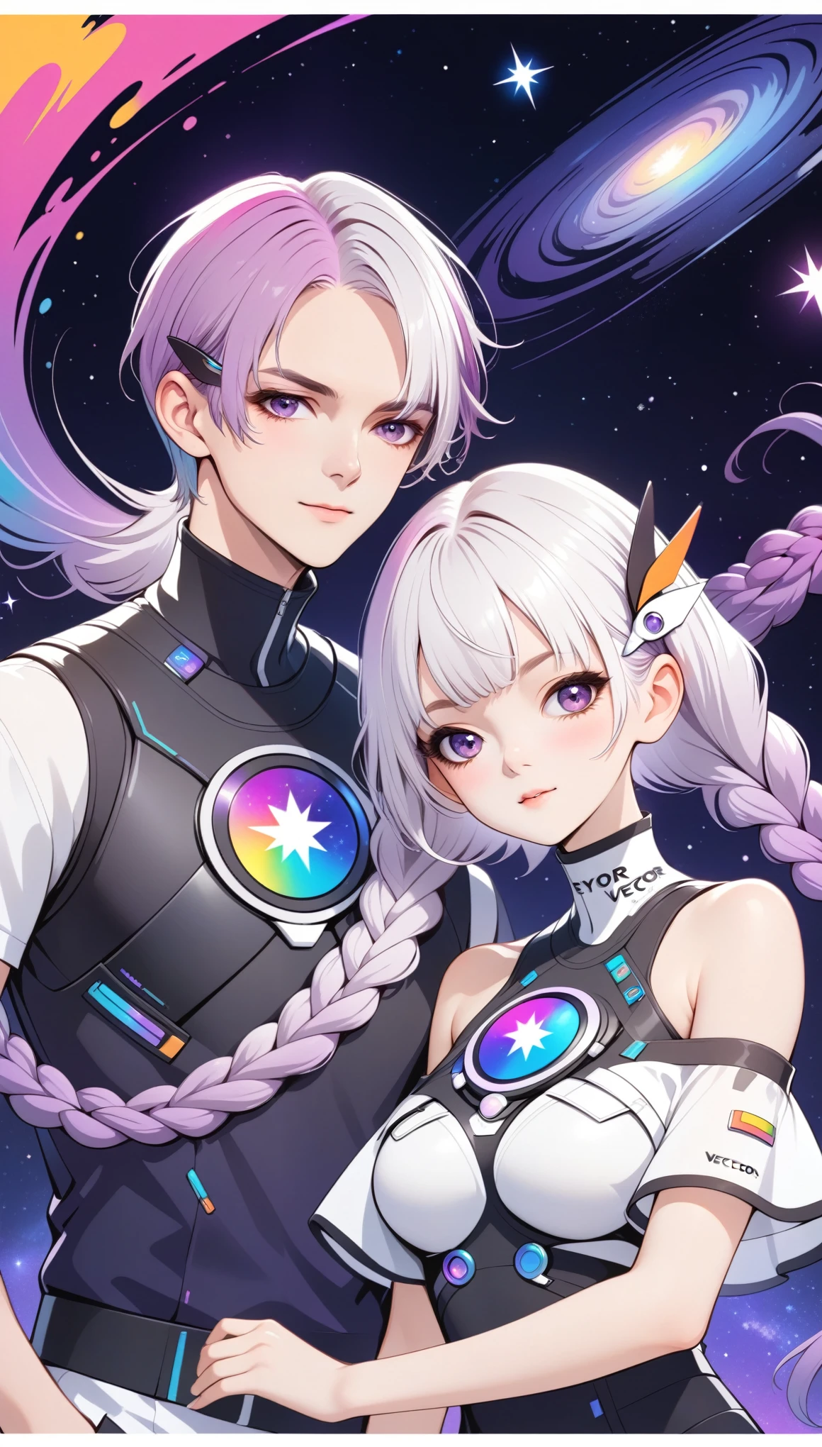 Graphic design,vector art,Smooth lines,Simple style,Funny couple poster design:bust,Short white hair for boy,Girl white hair purple hair ornament long braids,hair ornament,High collar off-shoulder short sleeves,Galaxy theme,(fashion design),(Vibrant colors)(Bright colors),(((Top text "COLORFUL")))