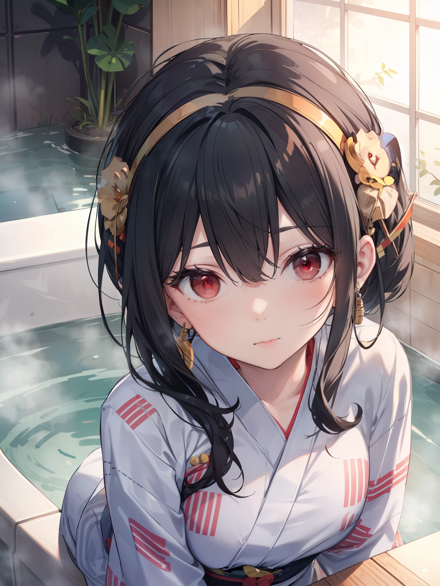Ajof, side locks, golden hairband, hair adornments, ((Red eyes:1.5)), gold earring, Large breasts,((black hair:1.5)),
BREAK ((bath yukata:1.5)),
BREAK sitting on a window ledge naked and bent over, looking at viewer, sitting,
BREAK (masterpiece:1.2), best quality, high resolution, unity 8k wallpaper, (illustration:0.8), (beautiful detailed eyes:1.6), extremely detailed face, perfect lighting, extremely detailed CG, (perfect hands, perfect anatomy),