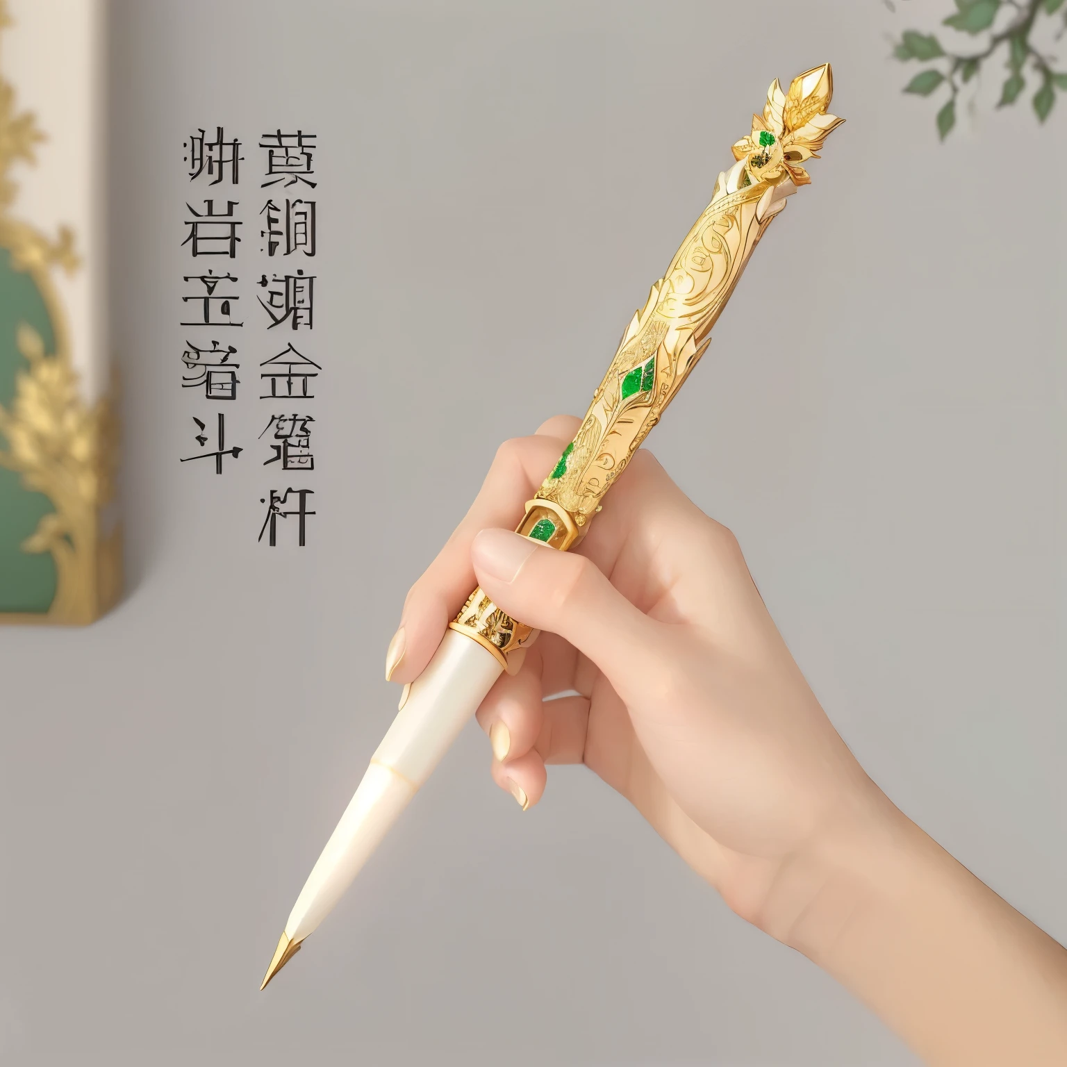 A gold-handled pen inlaid with emeralds, Wang Chen, Ivory Carving,, In line with Chinese aesthetics, fine pen,  Amazing craftsmanship,