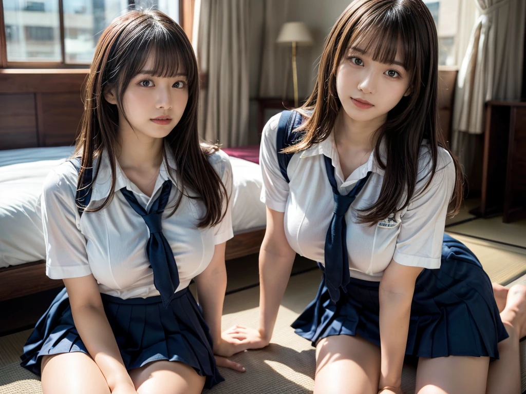 (RAW photo, 4k, masterpiece, high resolution, extremely complex) (realistic: 1.4), cinematic lighting
((2 girls, 2 schoolgirls)),Slam Dunk's,blushing,((innocent)),bright eyes,round eyes,blunt bangs,(straight hair:1.3),black hair,large breasts,wide hips,Summer Noon, ,Hot, (Best Quality), (Highres), (an Extremely Delicate and Beautiful),(Beautiful 8k face),(Brown eyes),short bob hair,( spectators),(gigantic breasts),(Play with each other,Touching each other's bodies,Touching the body),(Japanese high school uniform:1.3),blue skirt,(reality),bright lighting,(The background is a luxury hotel room)