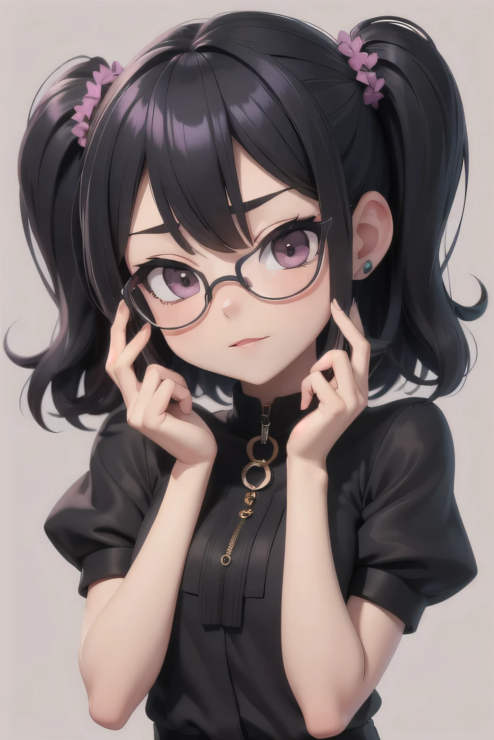chibi girl with gyaru fringe hair in shades of violet wearing black clothes, face to camera, stand straight