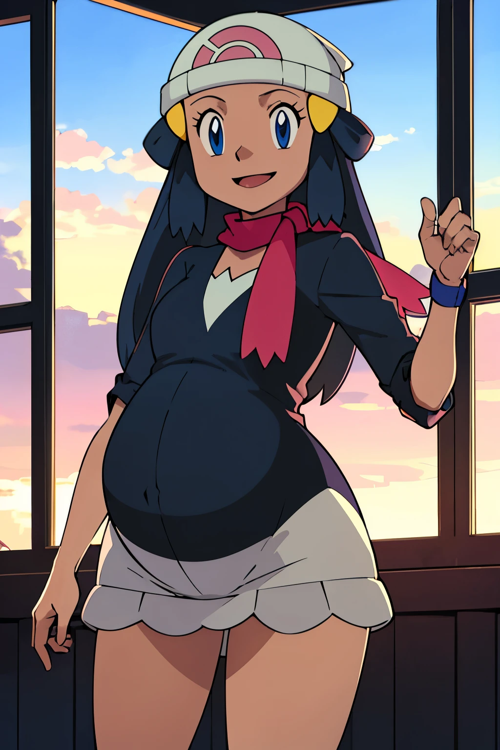 obra maestra, Mejor calidad, high resolution, 1 chica, Solo, amanecer (pokemon), bufanda rosa, la camisa negra, falda rosa, tiene, al aire libre, hombros descubiertos, sonrisa, rubor, embarazada, pregnant, ropa ajustada. 