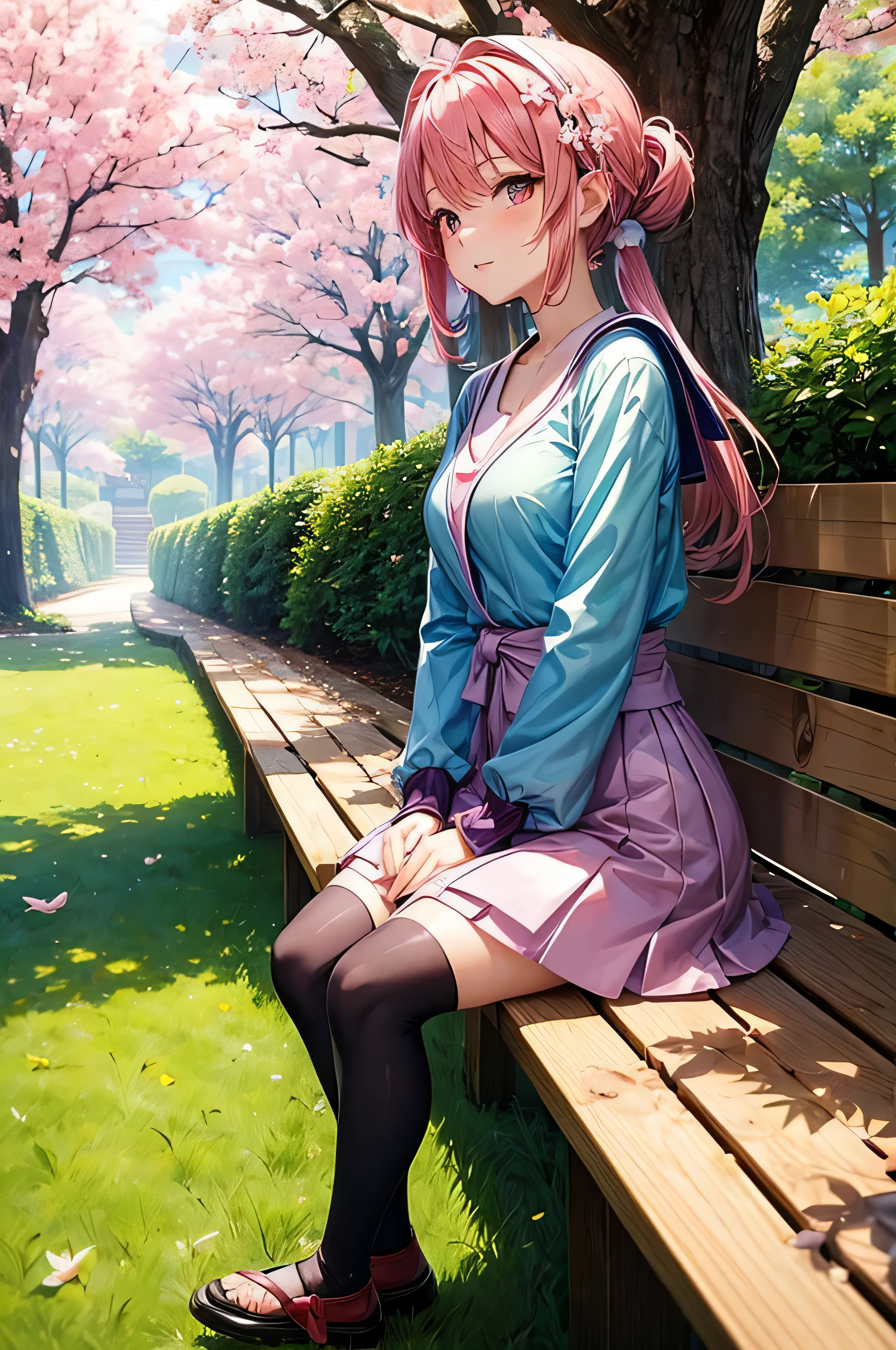 1 very beautiful anime girl, sakura garden, , cute, sitting on a bench