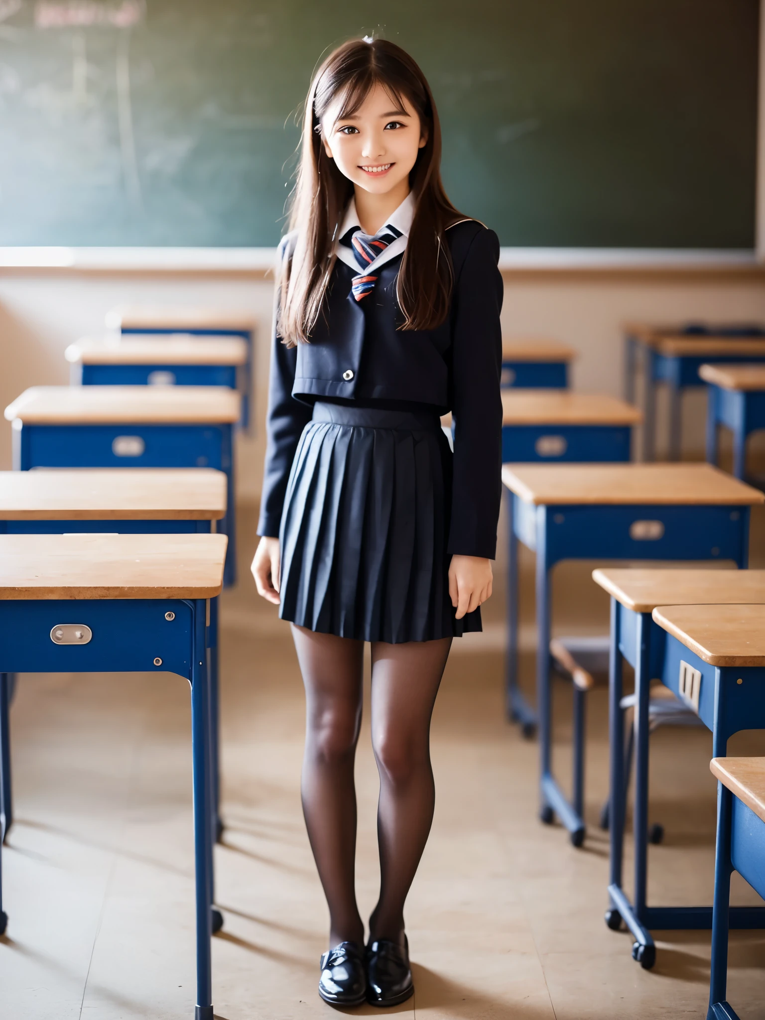 ulzzang-6500-v1.1, (RAW Photos:1.2), (Photorealistic), Beautiful detailed girl, (Genuine: 1.4), Very detailedな目と顔, Beautiful and fine details, (((School, classroom, Pleated mini skirt, uniform, serafuku:1.3)))、(Ultra-realistic pantyhose:1.2), (shoes:1.2), (I keep my hair short)、 (A very loving smile:1.2)、Large file size, High resolution, Very detailed, highest quality, [masterpiece:1.6], Awareness-raising, Very detailed, Hmph, In detail, highest quality, 8k wallpaper, Cinema Lighting, One Girl, 17 years old, Perfect figure, Cute droopy eyes、Beautiful big eyes、 ((Mastepiece)), highest quality, One Girl, eye shadow, Portraiture, ((Full Body Shot:1.4))、