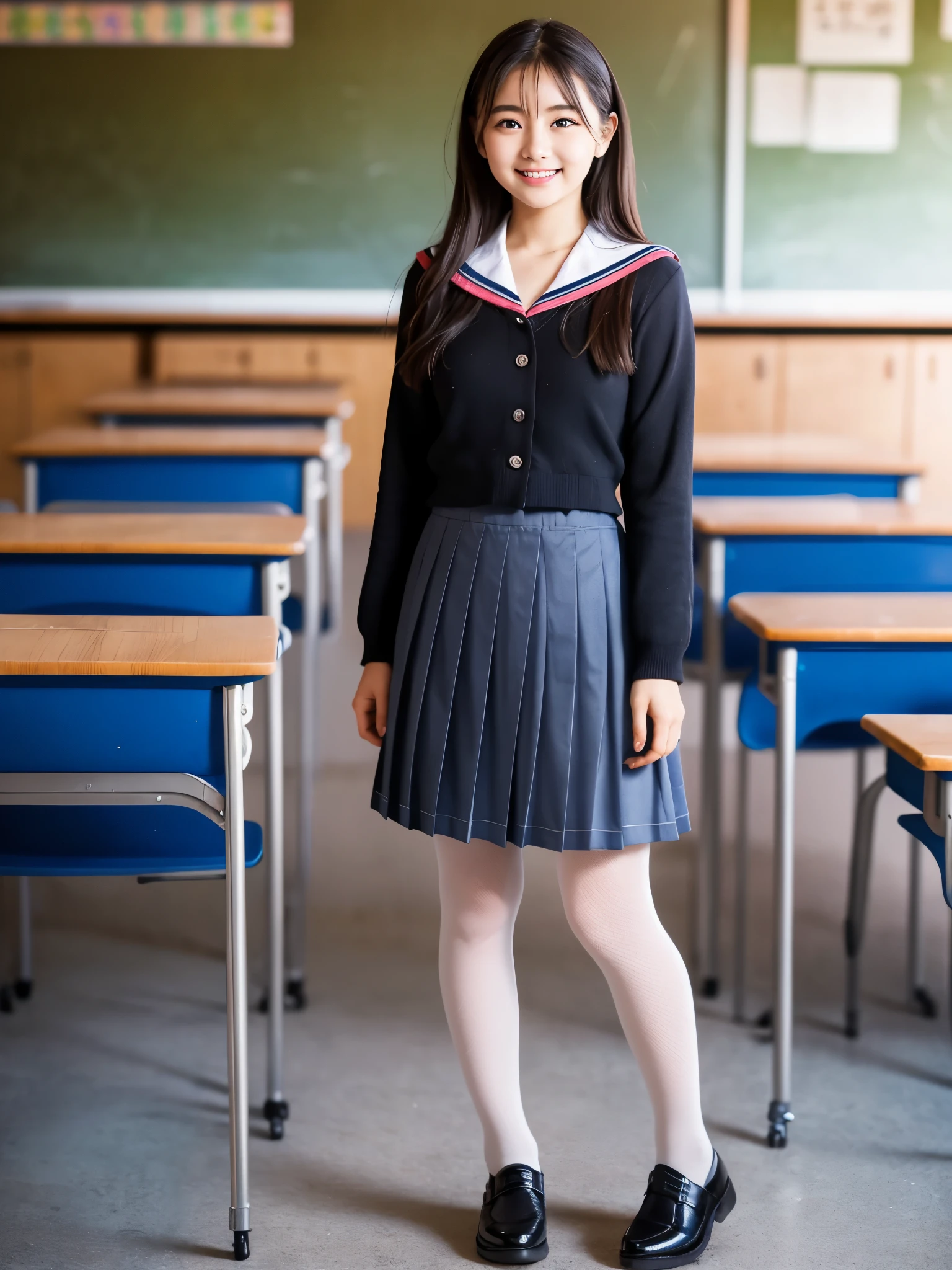 ulzzang-6500-v1.1, (RAW Photos:1.2), (Photorealistic), Beautiful detailed girl, (Genuine: 1.4), Very detailedな目と顔, Beautiful and fine details, (((School, classroom, Pleated mini skirt, uniform, serafuku:1.3)))、(Ultra-realistic pantyhose:1.2), (shoes:1.2), (I keep my hair short)、 (A very loving smile:1.2)、Large file size, High resolution, Very detailed, highest quality, [masterpiece:1.6], Awareness-raising, Very detailed, Hmph, In detail, highest quality, 8k wallpaper, Cinema Lighting, One Girl, , Perfect figure, Cute droopy eyes、Beautiful big eyes、 ((Mastepiece)), highest quality, One Girl, eye shadow, Portraiture, ((Full Body Shot:1.4))、