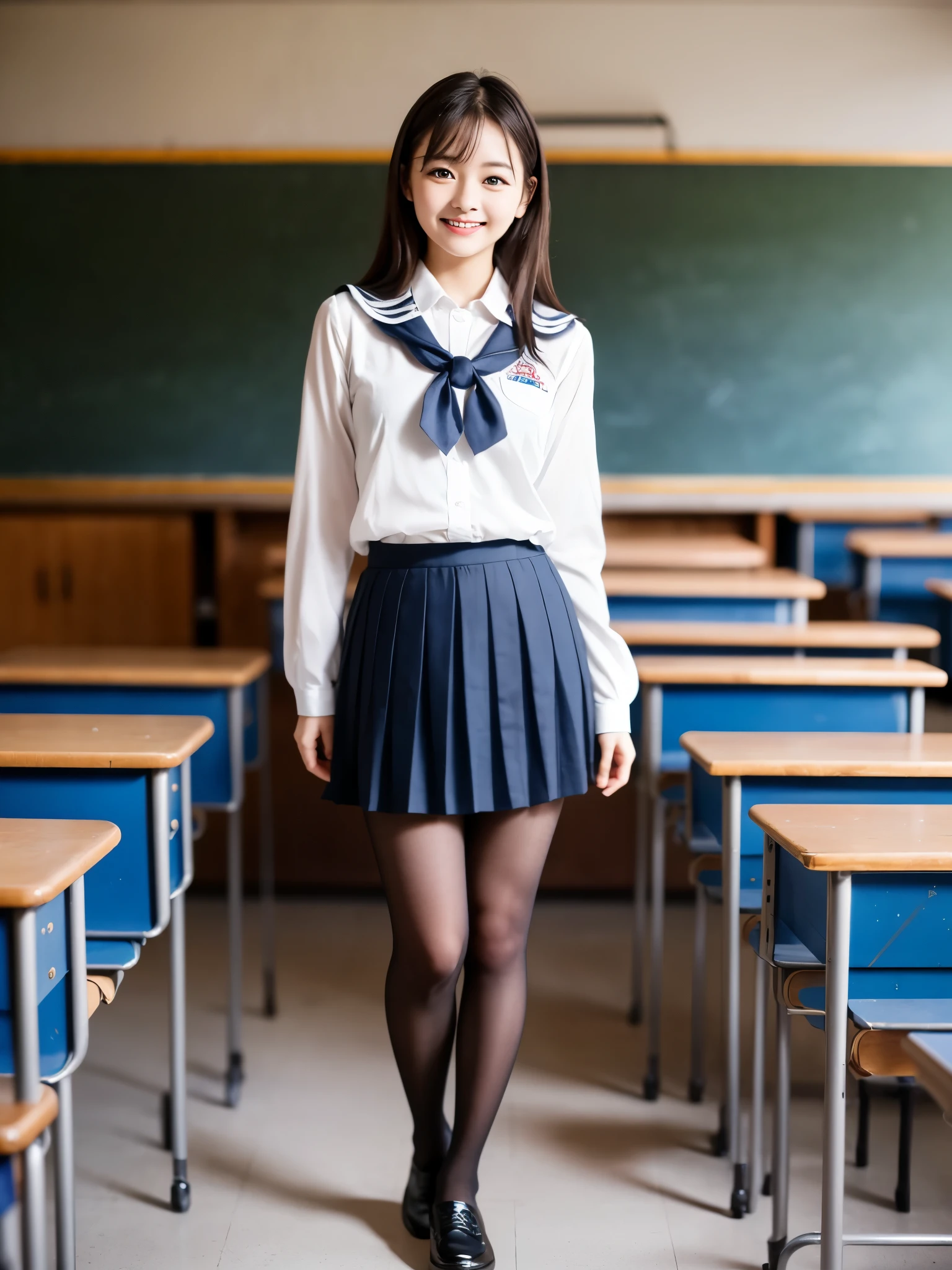 ulzzang-6500-v1.1, (RAW Photos:1.2), (Photorealistic), Beautiful detailed girl, (Genuine: 1.4), Very detailedな目と顔, Beautiful and fine details, (((School, classroom, Pleated mini skirt, uniform, serafuku:1.3)))、(Ultra-realistic pantyhose:1.2), (shoes:1.2), (I keep my hair short)、 (A very loving smile:1.2)、Large file size, High resolution, Very detailed, highest quality, [masterpiece:1.6], Awareness-raising, Very detailed, Hmph, In detail, highest quality, 8k wallpaper, Cinema Lighting, One Girl, , Perfect figure, Cute droopy eyes、Beautiful big eyes、 ((Mastepiece)), highest quality, One Girl, eye shadow, Portraiture, ((Full Body Shot:1.4))、