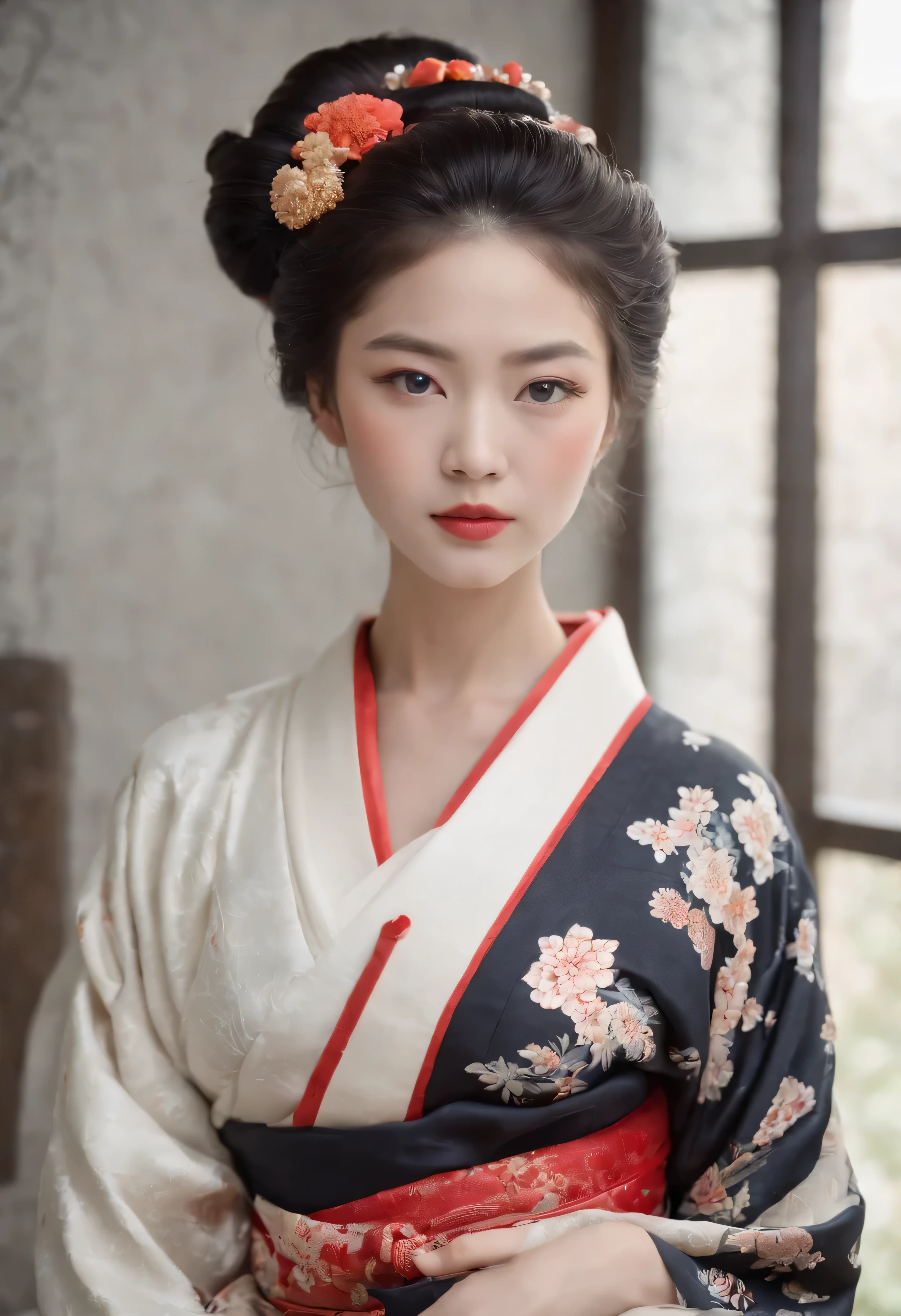 Repeat, Hokusai style, Hokusai's Style, Ukiyo-e, Mosaic is strong, Pixel art, Artistically, god river big wave,god々々Ornately decorated oiran,She is a very elegant and beautiful 18-year-old girl. Her face is richly decorated.Black and white kimono