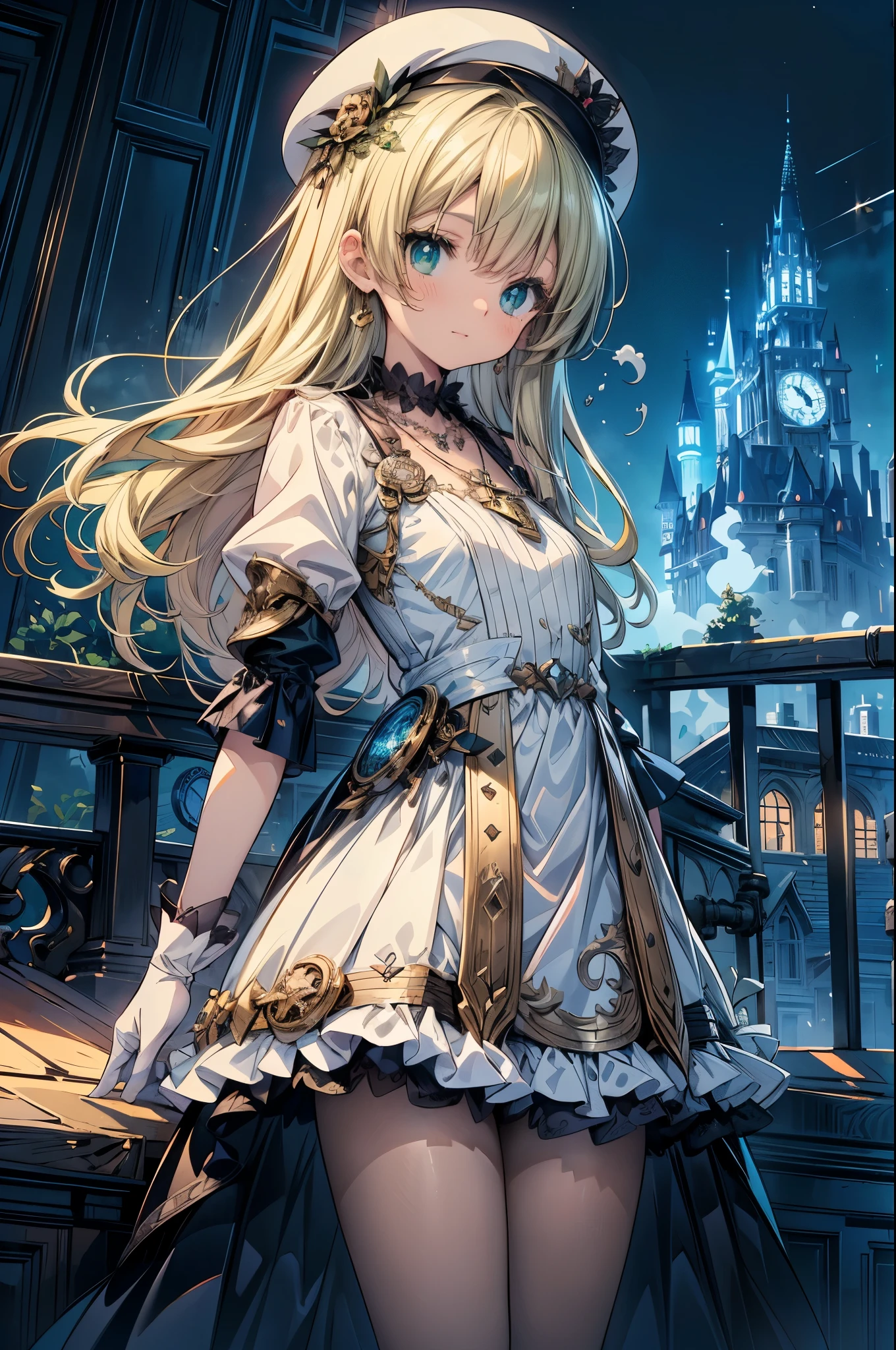 (masterpiece:1.2), (highest quality:1.2), Ultra-high resolution, Super detailed, break, ((Anime girl standing with a pocket watch in her hand)), Surreal girl, (1 person,Lolita,boyish, , 13 years old:1.3), light smile, , Androgynous charm, long hair, ((platinum hair)), Messy Hair, small and soft breasts,Slender body, Small Ass, Small green eyes,Detailed and beautiful eyes, Well-proportioned iris and pupil, Expressive eyes, Beautifully detailed lips, High resolution detailed hair, Perfect Eyes, Perfect Face, Ultra-dense skin, Full Finger, Perfect lighting, break, ((Light green necklace)), ((white dress:1.3)), Light green tie, Luminous Sapphire, Lady, Putting on white gloves, break, (Steampunk), Castle balcony, skyscraper, Night view, gear, pipe, (Steam spewing out from pipes:1.2), Fantasy, break, ((Front-facing:1.3)), break, Digital anime art,Anime-style illustrations,Anime illustration