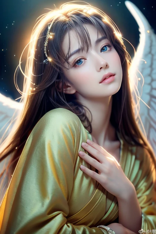 Anime Style, (Surrealist:1.2), beautiful, Master Parts, highest quality, Highly detailed face, Perfect lighting, Nice hands, Perfect Arms, An angel shining with a sacred and heavenly splendor, (Heavenly Being:1.2), (Calm expression), (Majestic Wings), (Mysterious glow:1.1), (Peaceful and comfortable), (Superb beauty), (God's Grace), (A symbol of purity), (Golden Halo), (An uplifting atmosphere), (Kingdom of Heaven), (Spiritual Lighting), (Soft and protective), (Illumination light:1.2), (Angelic figures), (Harmony and tranquility), (Angel Robe), (Timeless and heavenly), (Captivating aura), (Healing and guidance)