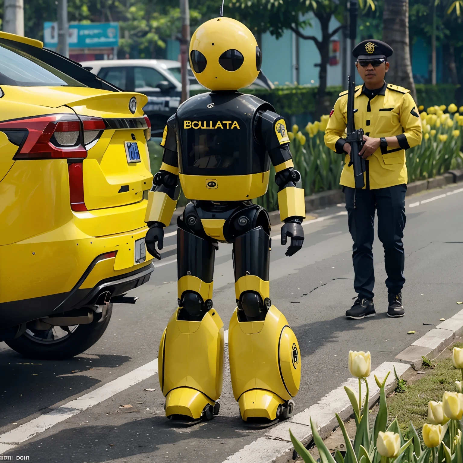 Burung kenari warna kuning berbentuk polisi robot, pakai kacamata, ada tulisan Tim Kenari dibawahnya sedang marah