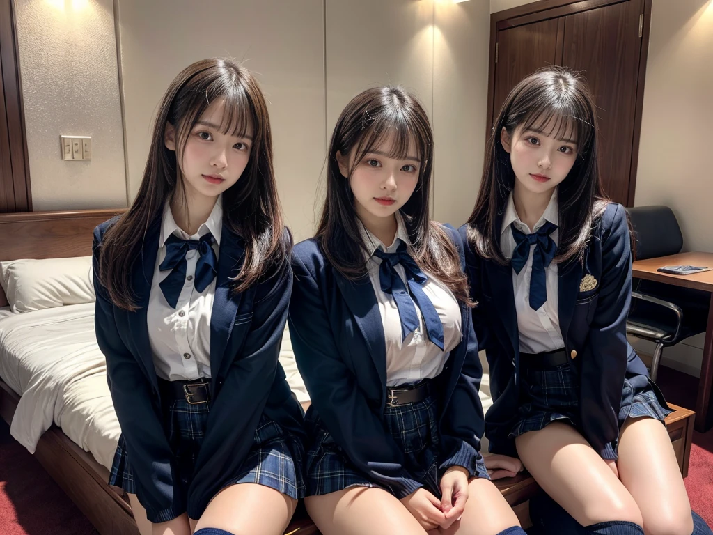 (8K, Raw photography, top-quality, ​masterpiece:1.2), master piece, best quality, illustration, Super detailed, fine details, High resolution, 8K,wall paper, perfect dynamic composition,(Details High quality, realistic depiction of eyes:1.3), ((2 girls, 2 schoolgirls)), The background is a luxury hotel room、High school girl uniform、blazer 、Super Short Check Uniform Skirt、Navy blue high socks、garterbelts、Colossal tits、Disturbed uniform, Play with each other,Touching each other's bodies,Touching the body of the girl next door, short bob hair, black hair color, huge breasts, Big Natural Color Lip, bold sexy pose, (perfect body shape), crying a little、cold gaze,  Beautiful makeup,glitter makeup,Cutest 18 years old, beautiful legs, hposing Gravure Idol, Voluptuous thighs
