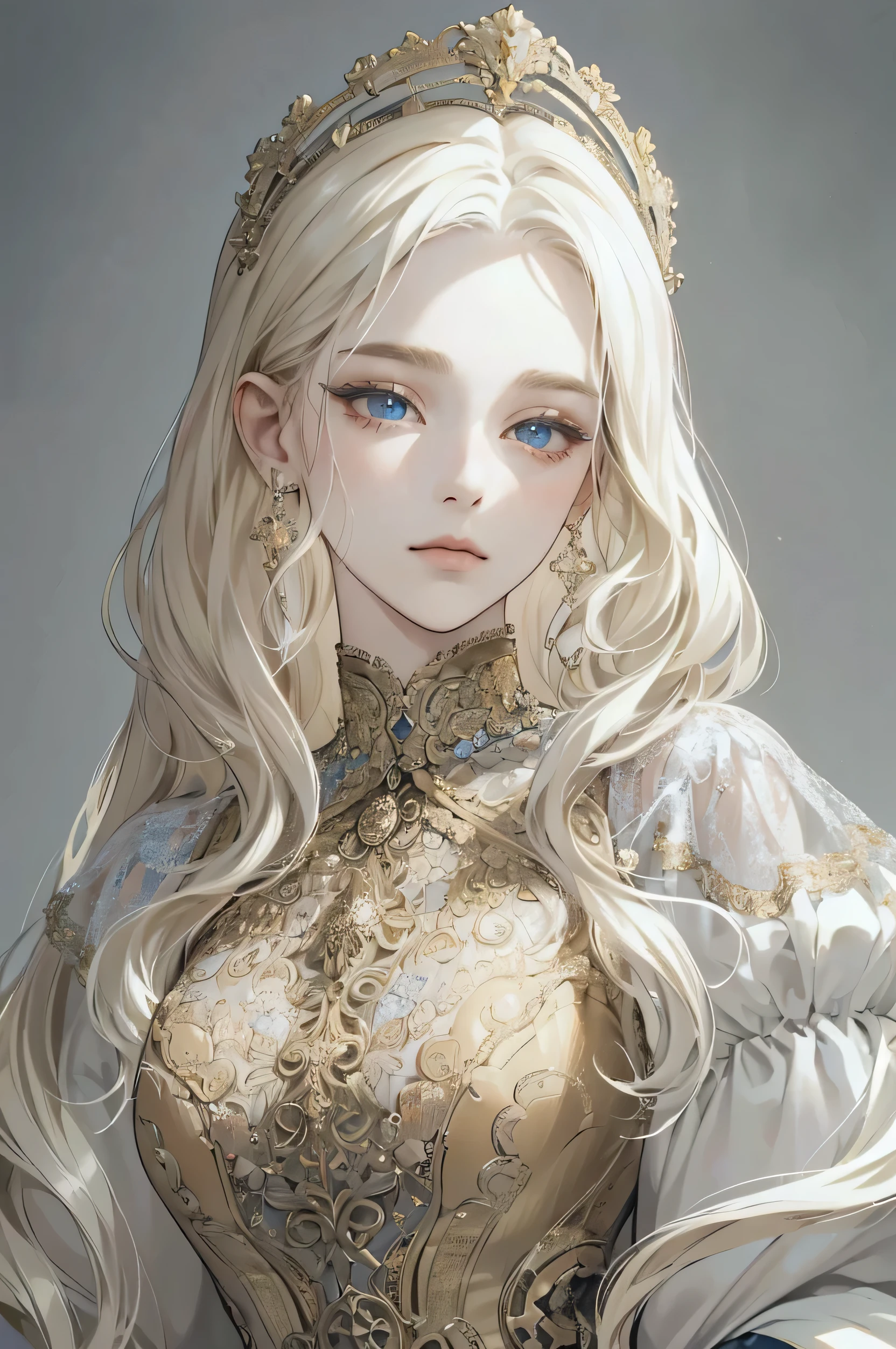 (extremely delicate and beautiful:1.2), 8K,(masterpiece:1.0),(best_quality:1.0), 1 girl, and intricate detailing, Enlarged textures, and intricate detailing, finely eye and detailed face, and intricate detailing, shiraga, platinum blonde curls long hair, (closed mouths), Perfect eyes, Equal eyes, carolina eyes (A famale god) with white and gold ancient clothing and blue accessories 
