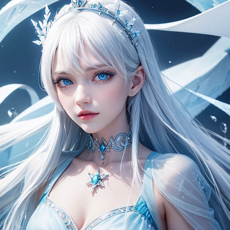 ice queen, young woman, long white hair, big blue eyes, icy dress, details