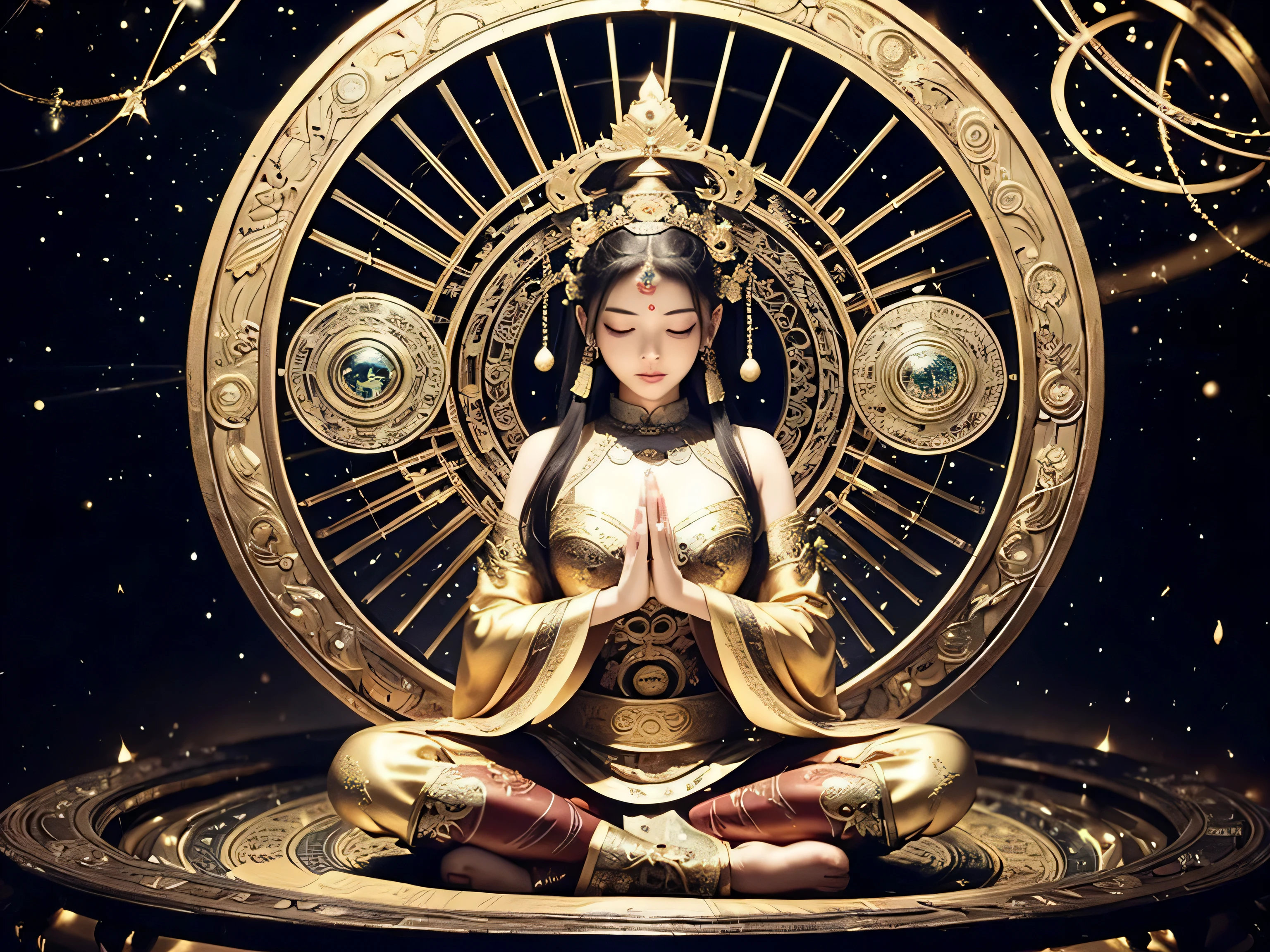 high resolution、Very detailed、8K、All hands、Beauty、The goddess、Gorgeous costumes、Luxurious ornaments、(Zazen)、(zazen)、(zen)、Buddhist statue、Yoga poses、Buddha、meditation、Extremely fantastical、Spiritual World、Buddhism、Esoteric Buddhism、Mandala Background