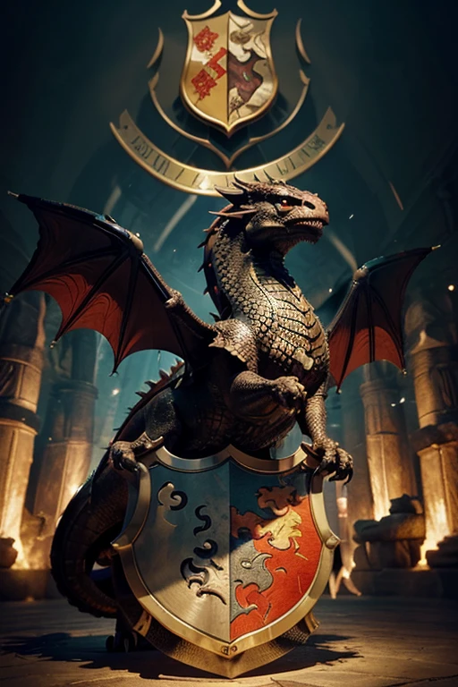 In the center of the coat of arms, a majestic dragon stands in all its glory, its wings outstretched to the sides, and its tail snaking around itself. The dragon stands in an imposing stance, with flaming eyes and shiny scales that reflect the light. Between its claws, it holds a shield adorned with intricate patterns and elaborate details.
The shield appears ancient and powerful, with runic inscriptions etched into its surface. Its form is robust and resistant, suggesting a history of epic battles and tireless protection. The shield's colors are rich and vibrant, contrasting with the dragon's scaly skin.
Around the dragon and shield are other elements that make up the coat of arms: an ornate frame, perhaps with floral or intertwined elements, which adds a touch of elegance and sophistication to the design. At the top of the coat of arms, a crown or helmet, symbolizing nobility and authority.
This coat of arms represents power, protection and noble lineage, with the dragon as a fierce guardian and the shield as a symbol of defense and honor.