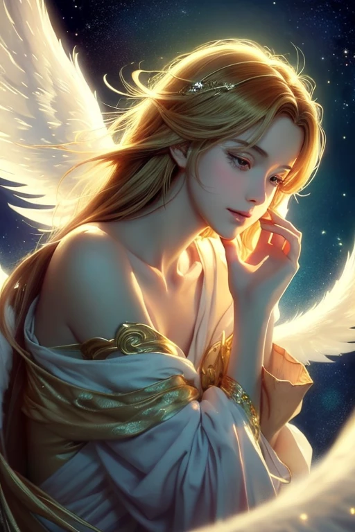 Anime Style, (Surrealist:1.2), beautiful, Master Parts, highest quality, Highly detailed face, Perfect lighting, Nice hands, Perfect Arms, An angel shining with a sacred and heavenly splendor, (Heavenly Being:1.2), (Calm expression), (Majestic Wings), (Mysterious glow:1.1), (Peaceful and comfortable), (Superb beauty), (God&#39;s Grace), (A symbol of purity), (Golden Halo), (An uplifting atmosphere), (Kingdom of Heaven), (Spiritual Lighting), (Soft and protective), (Illumination light:1.2), (Angelic figures), (Harmony and tranquility), (Angel Robe), (Timeless and heavenly), (Captivating aura), (Healing and guidance)