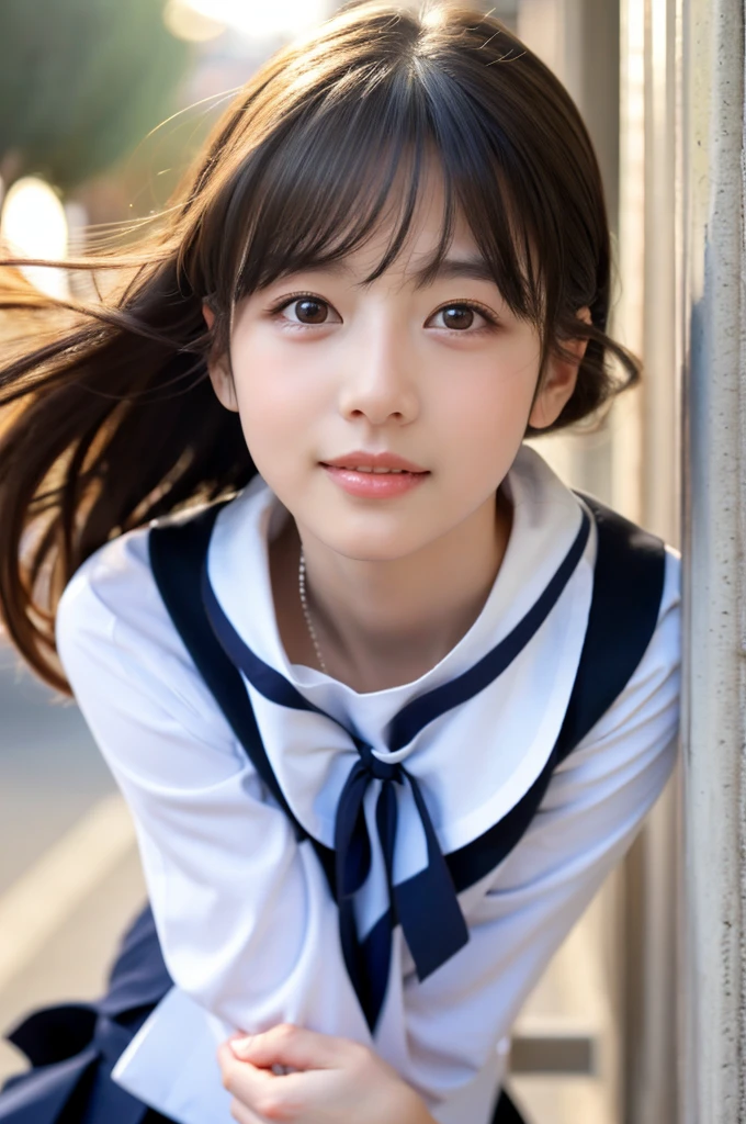 One girl, Uranohoshi Uniform, , Winter clothes, Black Shirt, Black Skirt, Long sleeve, White neckerchief, Pleated skirt, Sailor collar, alone, Long Hair, Are standing,  Upper Body, (smile:0.7), View Viewer, Long Hair, Outdoor, noon, street, sunlight, Are standing, Beautiful Face, (Cowboy Shot), 8k, High resolution, 超High resolution, masterpiece,(Realistic), Highly detailed CG integrated 8K wallpaper, (high qualityスキン:1.2),8K Ultra HD, Digital SLR, high quality, Beautiful Skin, Charm, 超High resolution, ultra-Realistic, High resolution, close, Dynamic pose, close,