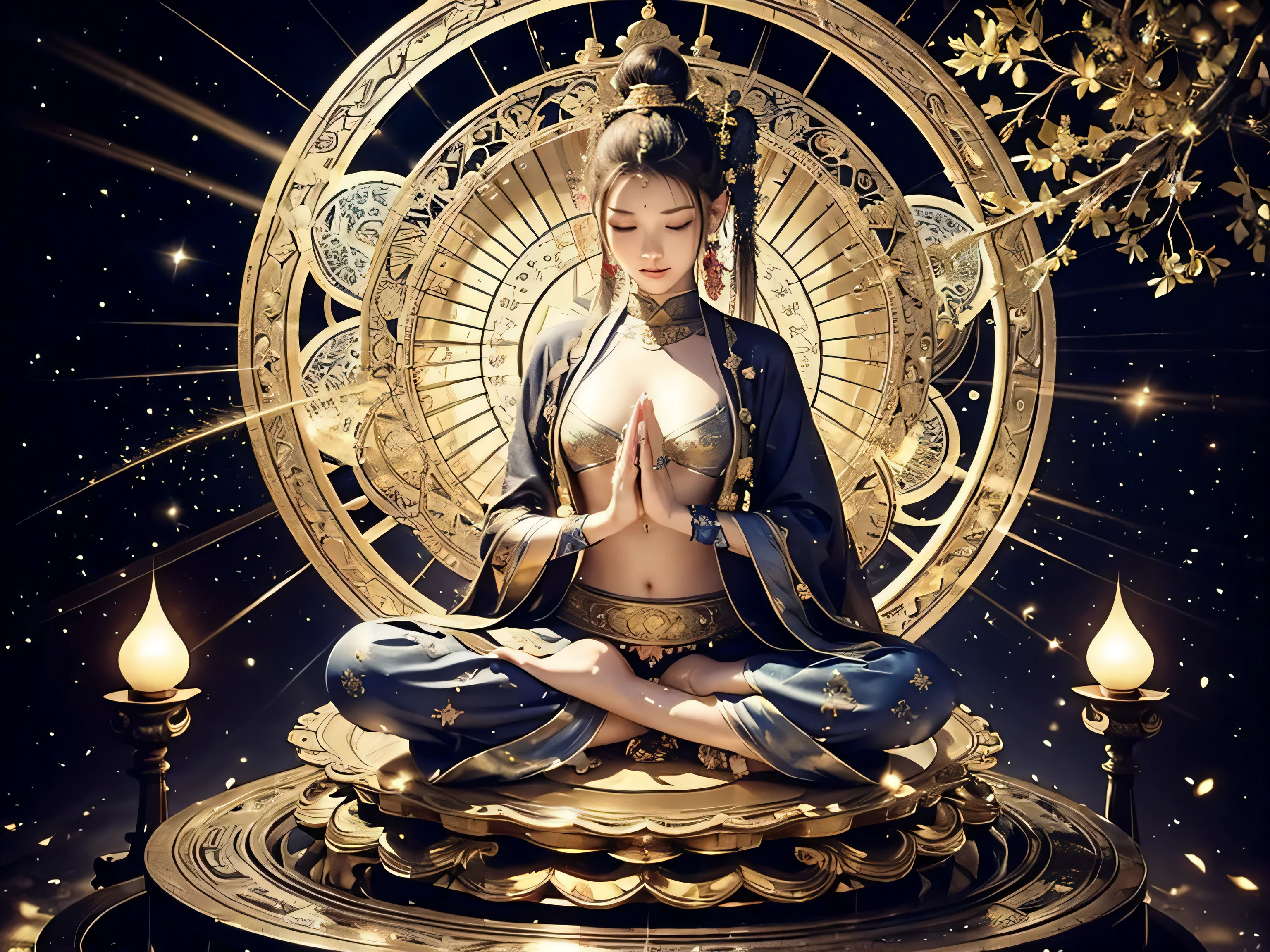 high resolution、Very detailed、8K、All hands、Beauty、The goddess、Gorgeous costumes、Luxurious ornaments、(Zazen)、(zazen)、(zen)、Buddhist statue、Yoga poses、Buddha、meditation、Extremely fantastical、Spiritual World、Buddhism、Esoteric Buddhism、Mandala Background