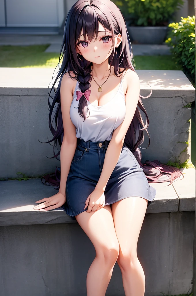 ((masterpiece, best quality, ultra-detailed)), 1girl, beautiful woman, smiling, red tank top, bracelet, necklace, black pencil skirt, white sneakers, black socks, wearing headphones, full body, purple hair, hand on hip, summer garden