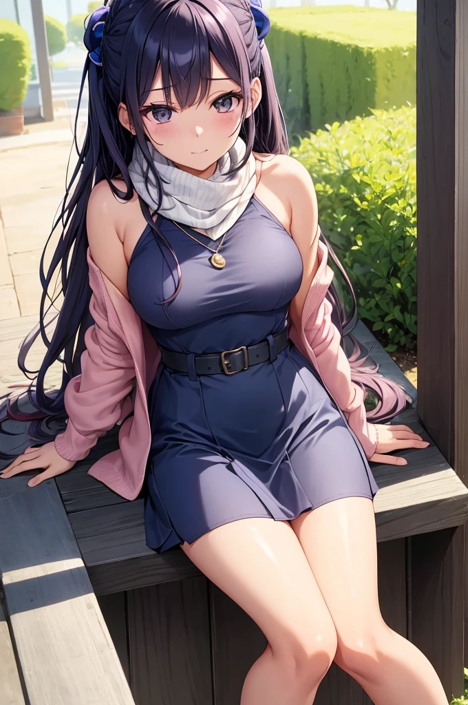 Generate a detailed, high-quality, 8k image of Hinata Hyuga from Naruto Shippuden, showcasing her full appearance and a modern, fashionable outfit suitable for contemporary settings. Start by emphasizing Hinata's soft lavender hair, styled in loose waves that frame her face delicately. Her eyes should be a captivating shade of pale lavender, expressing her gentle yet determined spirit with intricate detail. Hinata's complexion should be fair, with a subtle flush of pink on her cheeks adding to her overall charm. For her modern outfit, envision a trendy yet chic ensemble that reflects Hinata's personal style. Opt for a fitted denim jacket with distressed detailing, layered over a soft pastel-colored camisole. Pair this with high-waisted skinny jeans in a light wash, accentuating her slender figure and elongating her legs. Accessorize the outfit with a delicate pendant necklace and a stack of minimalist bracelets for a touch of sophistication. Choose footwear that balances style and comfort, such as white sneakers or ankle boots with a subtle heel. To complete the look, style Hinata's hair in a loose braid or a half-up, half-down hairstyle, adding a modern twist with a hair scarf or scrunchie. Keep her makeup natural and fresh, with rosy cheeks, glossy lips, and a subtle smoky eye to enhance her lavender gaze. Capture Hinata in a confident yet relaxed pose, exuding warmth and elegance in her modern attire. Pay meticulous attention to detail in rendering her outfit and features, ensuring a highly realistic portrayal. Deliver a final image of the highest quality, showcasing Hinata Hyuga in her contemporary, fashion-forward ensemble.